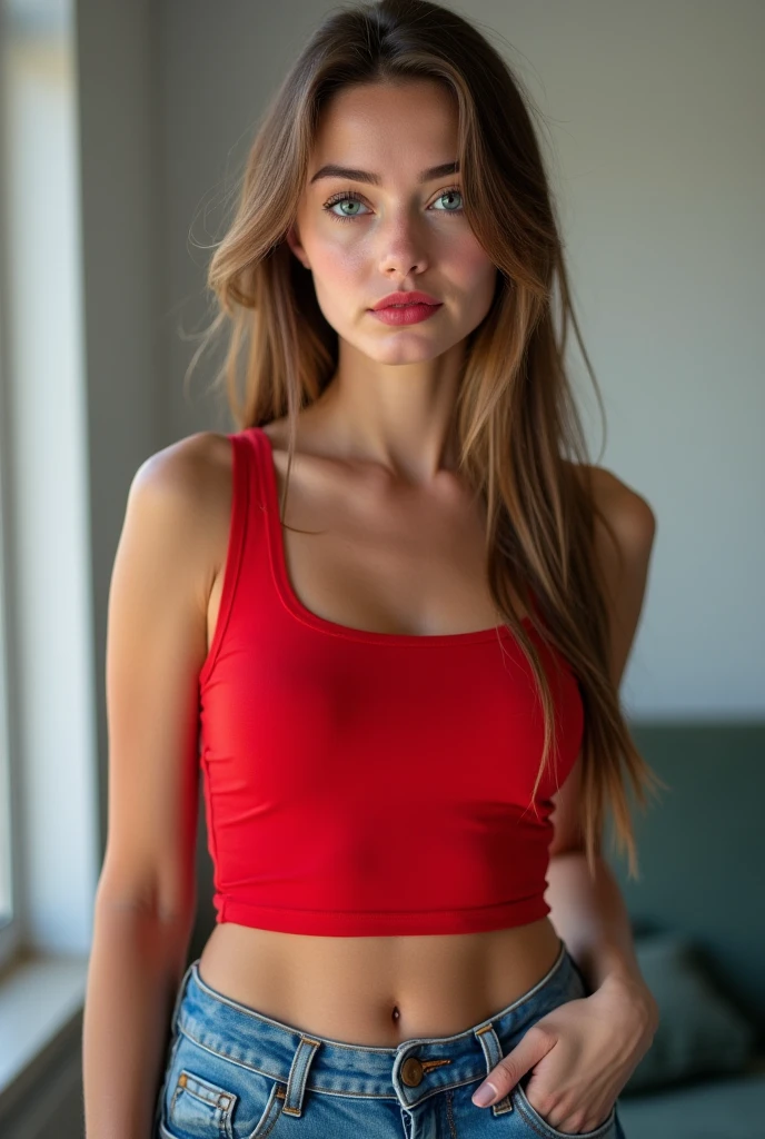 ((best quality: 1.5)) ((masterpiece: 0.8)), intricate details, sharp focus, professional, real life, realistic representation of the face, dynamic pose, in the style of realistic and hyper detailed renderings BREAK ((detailed middleaged woman, (((red sports bra, [black hair:blonde hair:0.1], ponytail hair, ((([flat chest:medium breasts:0.8])))), lounging, couch, night, dim lighting, firelight, looking away, (((running shorts, cameloe, off shoulder, bright makeup, red lipstick, laughing, RAW, squeezed together)), iceblue eyes))), freckles: 0.6)), photorealistic, hyper-realistic, 8K