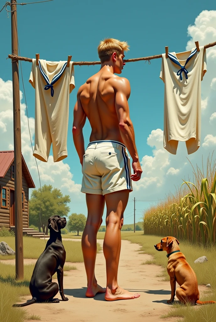 2 young MAN in a beach, handsome AND HAVING FUN, looks at the camera and smiles. Gil Elvgren man portraying vintage watercolor vintage inspiration, black, high contrast shading, naturalistic proportions, use of fabric, large canvases, looking at viewer, 1940s vintage,