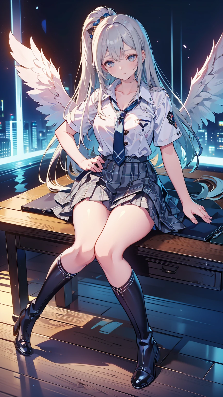 (The perfect solution,  absurd,  dynamic lighting  ,  high resolution, masterpiece,  top quality),  black background, ((moonlight)),,  1 girl,  Silver Hair,  shiny hair, very  long hair, 鈍いbangs, Very red lips,  Staring at the Audience , Iconic Eyes, ((( with semi-closed eyes ))), (偽りのsmile), (Chest and ribs),  eyes are bright red , Narrow pupils,  gothic makeup ,, Pale and bright skin, (Fallen Angel)))), ((((Haniel)))) Light Skin Hair,  long hair, きれいに整えられたbangs, ((Long bottoms)), (( has long eyelashes)),  eyeshadow, ((( gray eyes))), whiteい肌と茶色の唇, (Laugh without emotion), Behaving in an obscene manner, ((whiteい美しいゴシック衣装)), Lady,, ( beautiful background: 1.18),  high resolution, art, work,  top quality, ,Shadow Face　、 beautiful girl 、とても cute天使、 Pink T-shirt 、 cute、、smile、 long skirt、 Black Long Boots 、.( top quality,4K, high resolution,masterpiece:1.2), very detailed, realistic:1.37,  beautiful girl 、Very  cute angel、(masterpiece:1.2,  top quality), (, photo:1.4),  Staring at the Audience , whole body, Front View:0.6, ,  Japanese , high School girl, ( long hair:1.5), Dry your hair, ( half up, ,  half up, do), bangs, Hair between the eyebrows, Big Breasted :0.8,  beautiful hair,  pretty face ,  Beautiful Delicate Eyes,  beautiful collarbone,  beautiful body, Beautiful breasts,  beautiful thighs , 美しいfeet, (  beautiful scenery ), , School, (( short sleeve shirt with collar , white shirt, School uniform,  gray plaid pleated skirt ,  blue check night tie)), white,  lie down on a table on the stage， skirt hangs around the thighs, Clothes buttons open, show内衣,  with hands behind  ， feet ，show， , ,smile、 long skirt、
