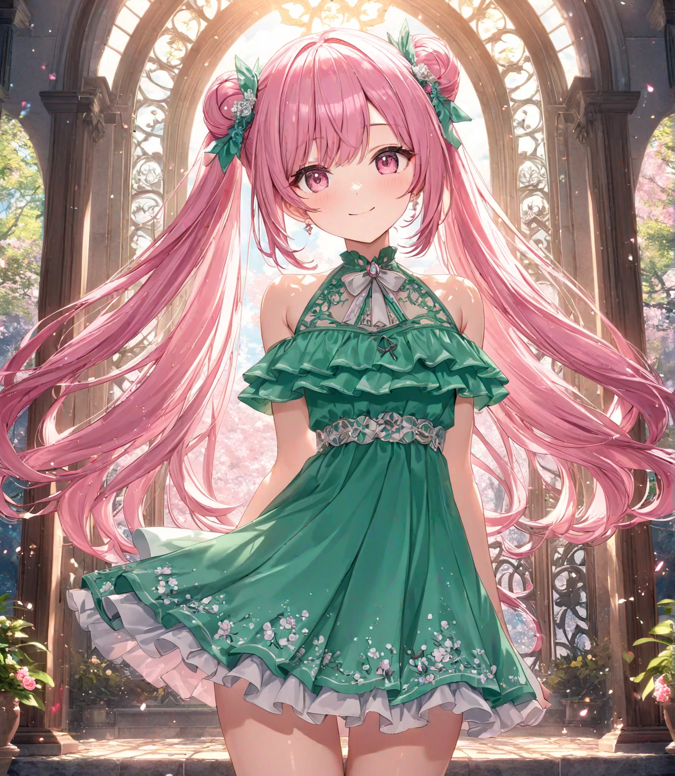 1girl, solo, Pink Shine Bright Hair, hair between eyes, Long hair, loose hair,(two small side buns), beautifully styled hair, aesthetic detailed eyes, (Pink shiny Bright Eyes), looking at viewer,(pale cheeks), (skin colored cheeks), Mesmerise, Little smile, closed mouth, (half body, cowboy shot),  BREAK
(summer green dress), BREAK
gazebo, evening, lights, BREAK
HDR, 8K, masterpiece, best quality, amazing quality, very aesthetic, high resolution, ultra-detailed, absurdres, newest, scenery, 
masterpiece, scenery, aesthetic detailed background, best quality, game cg aesthetics, sharp focus, sharp details, beautiful detailed eyes, detailed skin, detailed hair, light particles,  photo background, depth of field, 
(masterpiece), best quality, ultra-detailed, 1024k UHD wallpaper, ultra-high resolution, depth of field, HDR, Ray tracing, RTX, high saturation, photon mapping, best texture quality, best compotitions, (extremely detailed CG 1024k wallpaper), High Details, Detailed face, Detailed Clothes, Ultra HD Photo, Perfect Face, expressive eyes