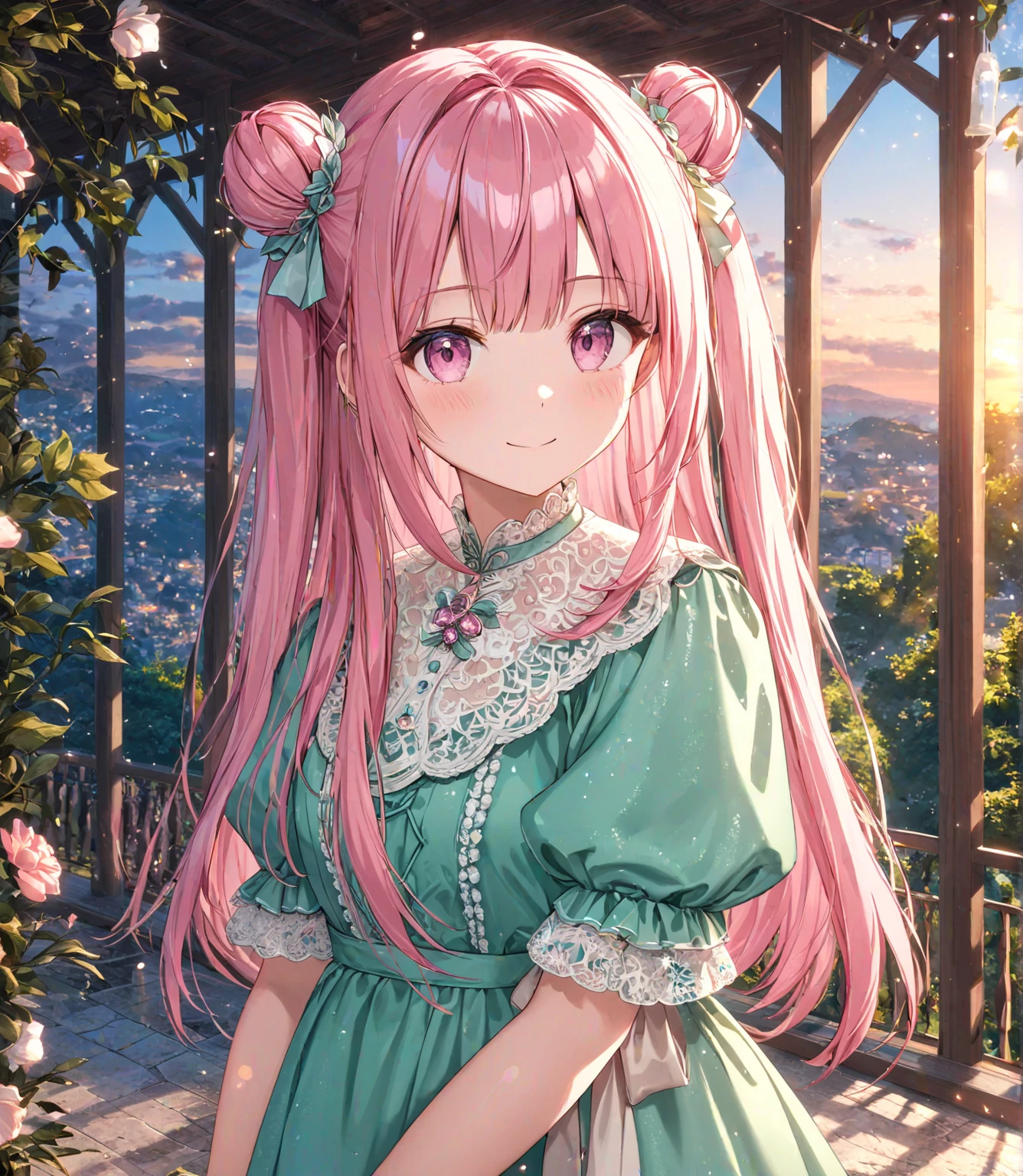 1girl, solo, Pink Shine Bright Hair, hair between eyes, Long hair, loose hair,(two small side buns), beautifully styled hair, aesthetic detailed eyes, (Pink shiny Bright Eyes), looking at viewer,(pale cheeks), (skin colored cheeks), Mesmerise, Little smile, closed mouth, (half body, cowboy shot),  BREAK
(summer green dress), BREAK
gazebo, evening, lights, BREAK
HDR, 8K, masterpiece, best quality, amazing quality, very aesthetic, high resolution, ultra-detailed, absurdres, newest, scenery, 
masterpiece, scenery, aesthetic detailed background, best quality, game cg aesthetics, sharp focus, sharp details, beautiful detailed eyes, detailed skin, detailed hair, light particles,  photo background, depth of field, 
(masterpiece), best quality, ultra-detailed, 1024k UHD wallpaper, ultra-high resolution, depth of field, HDR, Ray tracing, RTX, high saturation, photon mapping, best texture quality, best compotitions, (extremely detailed CG 1024k wallpaper), High Details, Detailed face, Detailed Clothes, Ultra HD Photo, Perfect Face, expressive eyes