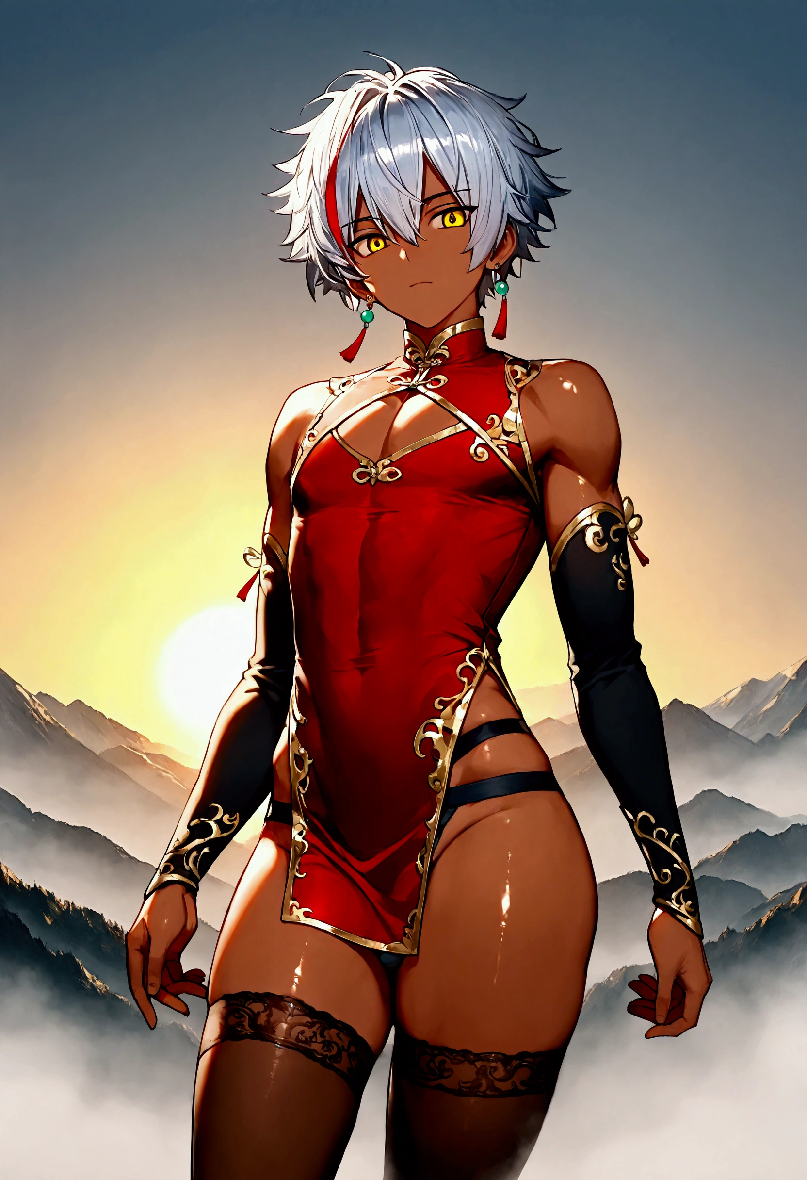 masterpiece, best quality, a beautiful and amazing black_rose, arm cuffs, very dark brown skin, tan, white hair, (yellow body stripes), facial tattoos, (((small breasts))), arms up, midriff, narrow waist, bikini armor, holding sword, giant sword, absurdres, high resolution, photorealistic, intricate details, complex background, by artgerm, <delta:black_rose.delta:1>