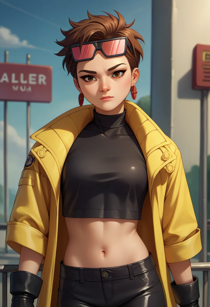 score_9, score_8_up, score_7_up, source_anime, 1girl, solo, looking at viewer, clamJBLee97, cJsunglasses, yellow coat, black gloves, black bodysuit, ((midriff)), ((navel)), ((crop top)), ((bare midriff)), earrings 