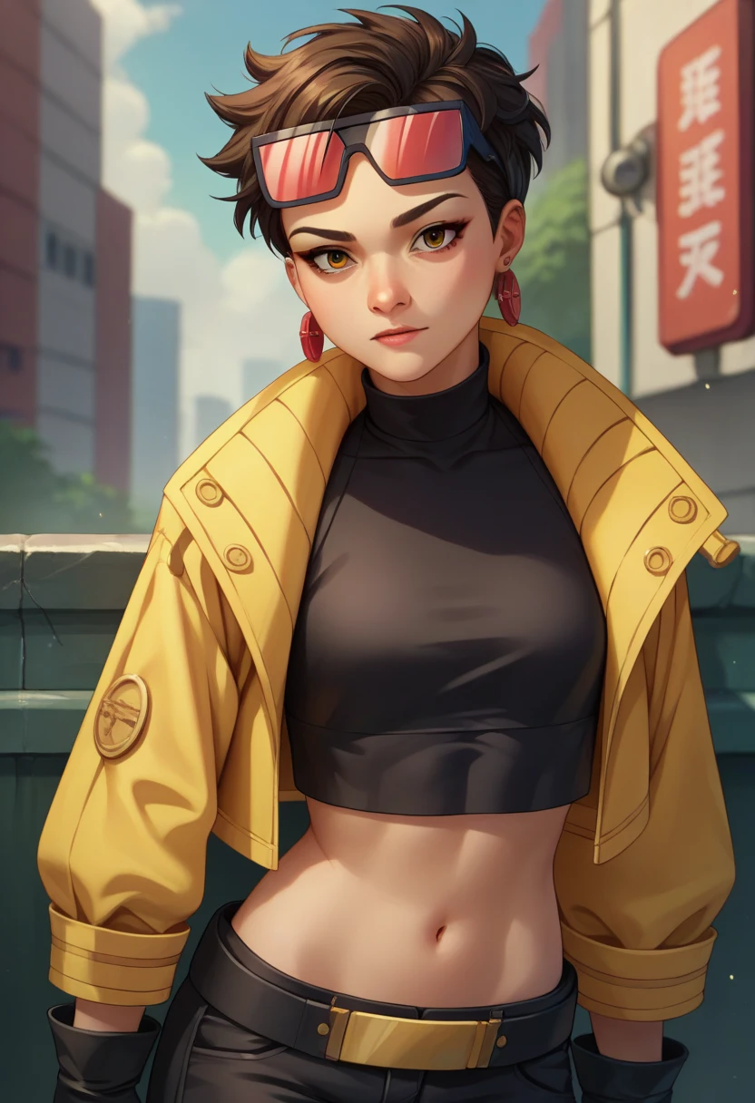 score_9, score_8_up, score_7_up, source_anime, 1girl, solo, looking at viewer, clamJBLee97, cJsunglasses, yellow coat, black gloves, black bodysuit, ((midriff)), ((navel)), ((crop top)), ((bare midriff)), earrings 