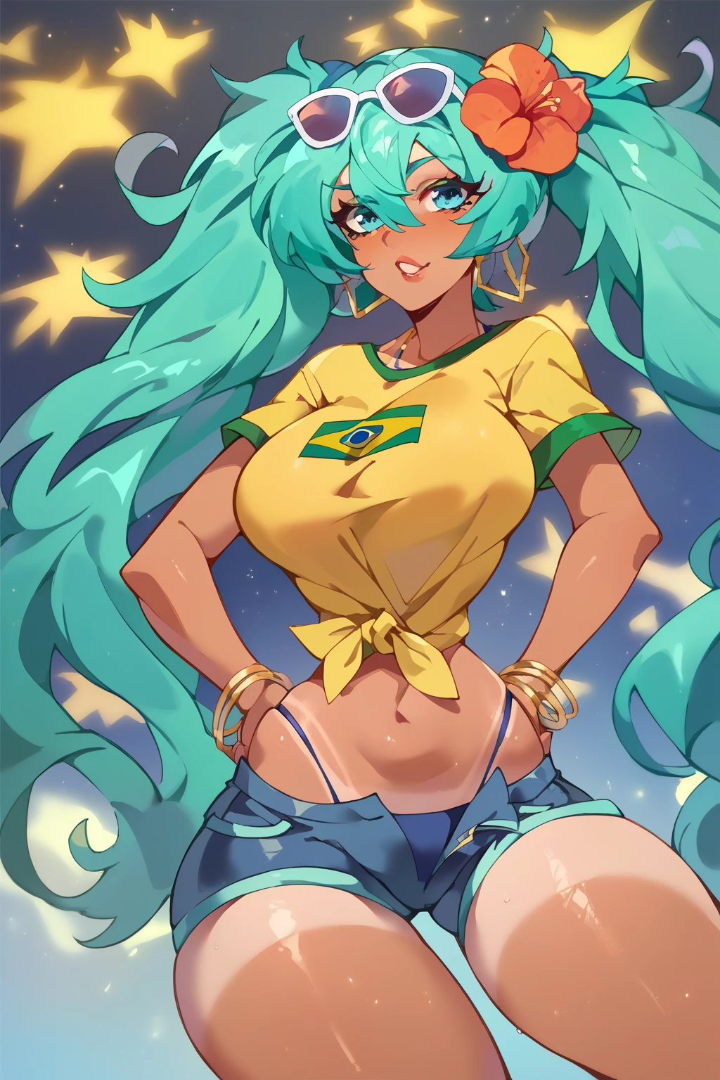 score_9, score_8_up, score_7_up, score_6_up, score_5_up, score_4_up, masterpiece, high quality, BREAK, full body, BREAK, 1girl,  HeartBoobPose, hand gesture, posing over breasts,  hands on hips, over nipple,  aqua hair, sunglasses on head, flower in hair, yellow shirt, brazil flag on shirt, denim shorts, booty shorts, tanned, 1girl, hatsune miku,humongous hourglass body,curvy