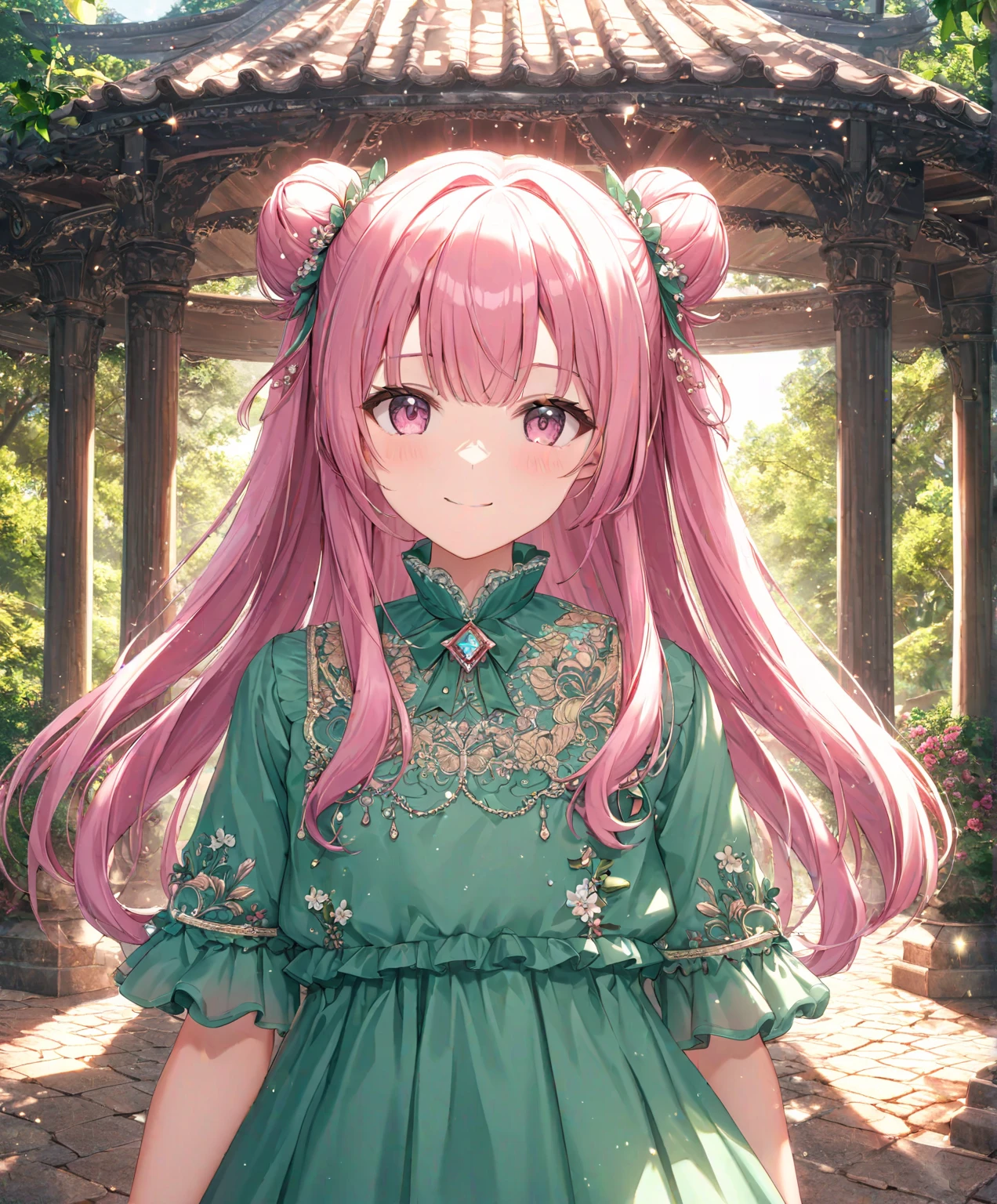 1girl, solo, Pink Shine Bright Hair, hair between eyes, Long hair, loose hair,(two small side buns), beautifully styled hair, aesthetic detailed eyes, (Pink shiny Bright Eyes), looking at viewer,(pale cheeks), (skin colored cheeks), Mesmerise, Little smile, closed mouth, (half body, cowboy shot),  BREAK
(summer green dress), BREAK
gazebo, evening, lights, BREAK
HDR, 8K, masterpiece, best quality, amazing quality, very aesthetic, high resolution, ultra-detailed, absurdres, newest, scenery, 
masterpiece, scenery, aesthetic detailed background, best quality, game cg aesthetics, sharp focus, sharp details, beautiful detailed eyes, detailed skin, detailed hair, light particles,  photo background, depth of field, 
(masterpiece), best quality, ultra-detailed, 1024k UHD wallpaper, ultra-high resolution, depth of field, HDR, Ray tracing, RTX, high saturation, photon mapping, best texture quality, best compotitions, (extremely detailed CG 1024k wallpaper), High Details, Detailed face, Detailed Clothes, Ultra HD Photo, Perfect Face, expressive eyes