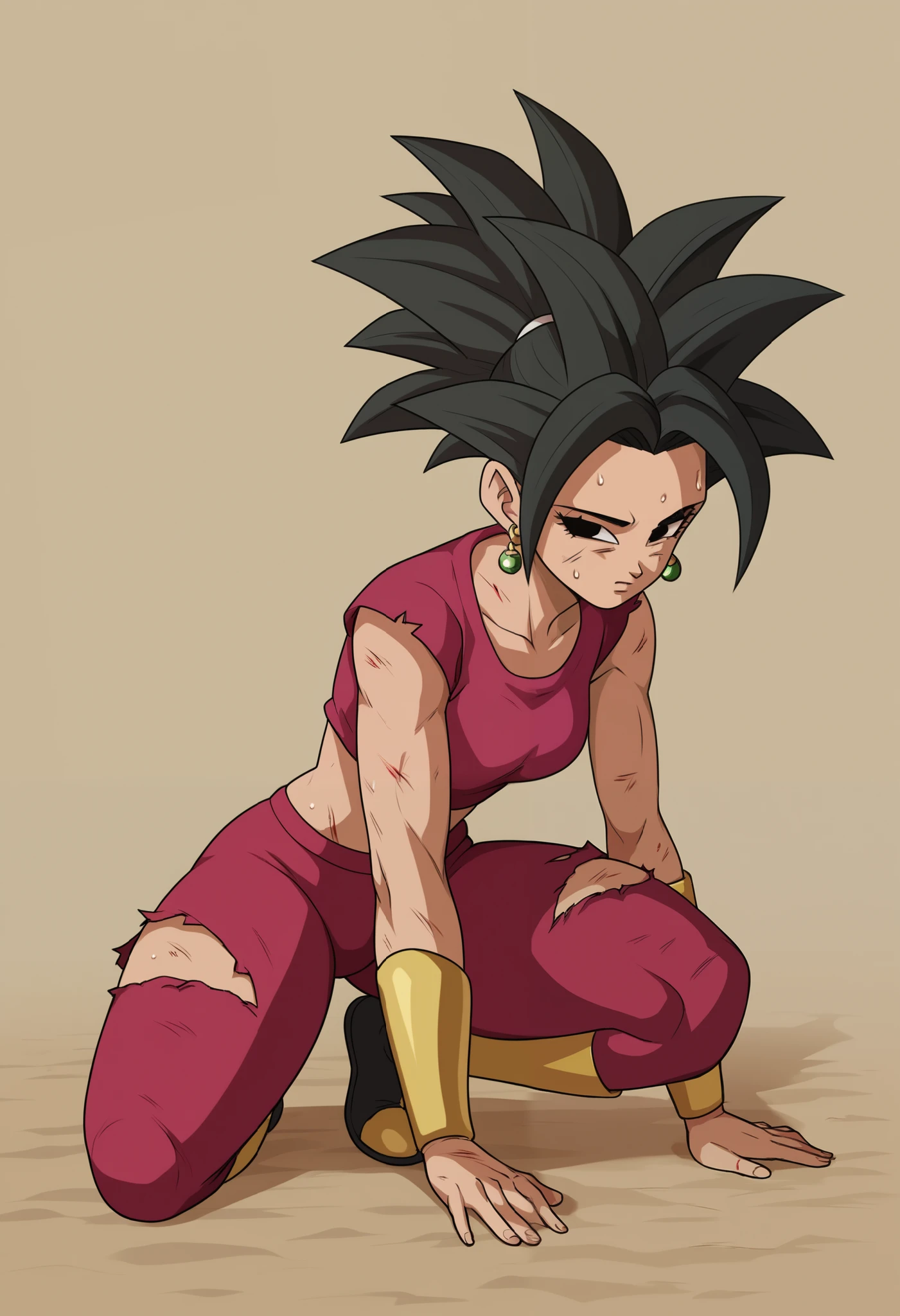 source_anime, score_9, score_8_up, score_7_up, (masterpiece),8k, absurd res, solo, anime, perfect face, expressive eyes, perfect hands, tired expression, 1girl, kefla \(dragon ball\), base form, spiked hair, black hair, ponytail, black eyes, tired, one knee on the ground, one hand on the floor, sweating,  ((thick thighs)), ripped pants, bleeding body, scratches, from below, bottom-up view, forced perspective, official style, desert scenery, rocks, 
 