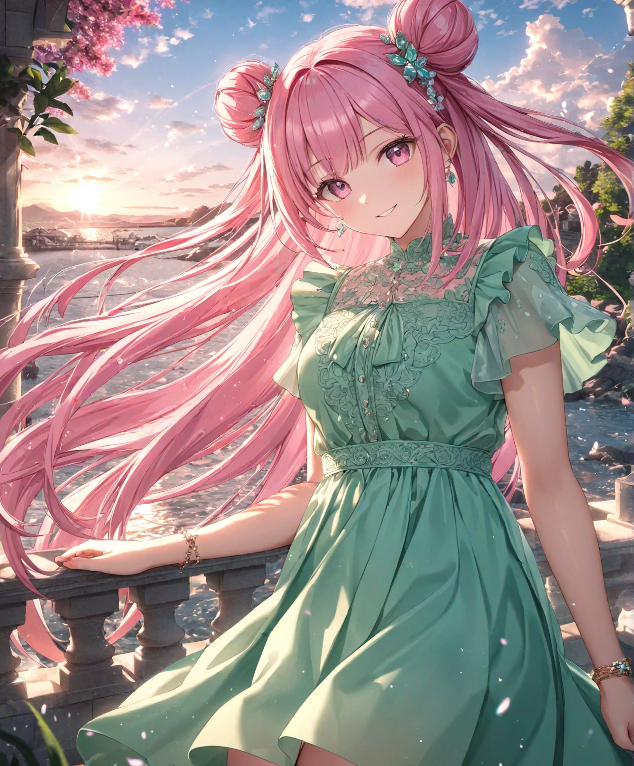 1girl, solo, Pink Shine Bright Hair, hair between eyes, Long hair, loose hair,(two small side buns), beautifully styled hair, aesthetic detailed eyes, (Pink shiny Bright Eyes), looking at viewer,(pale cheeks), (skin colored cheeks), Mesmerise, Little smile, closed mouth, (half body, cowboy shot),  BREAK
(summer green dress), BREAK
gazebo, evening, lights, BREAK
HDR, 8K, masterpiece, best quality, amazing quality, very aesthetic, high resolution, ultra-detailed, absurdres, newest, scenery, 
masterpiece, scenery, aesthetic detailed background, best quality, game cg aesthetics, sharp focus, sharp details, beautiful detailed eyes, detailed skin, detailed hair, light particles,  photo background, depth of field, 
(masterpiece), best quality, ultra-detailed, 1024k UHD wallpaper, ultra-high resolution, depth of field, HDR, Ray tracing, RTX, high saturation, photon mapping, best texture quality, best compotitions, (extremely detailed CG 1024k wallpaper), High Details, Detailed face, Detailed Clothes, Ultra HD Photo, Perfect Face, expressive eyes