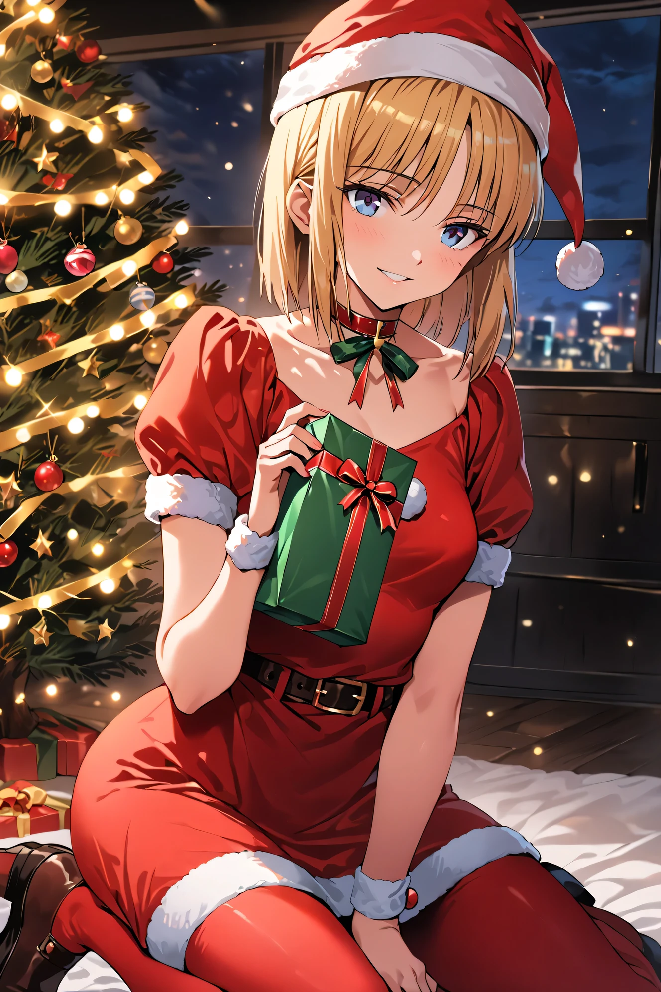 1girl,saber,fate, ultra-high quality, best quality, 8K, UHD, very aesthetic, photorealism, volumetric lighting, natural lighting, highly detailed, intricate details, little breasts, soft hips, light blue eye, santa hat, santa outfit, red stockings, (holding gift) , kneeling, near Christmas Tree, seductive look, happy smile, modern room, modern lighting, night, electric garland, garland on neck,