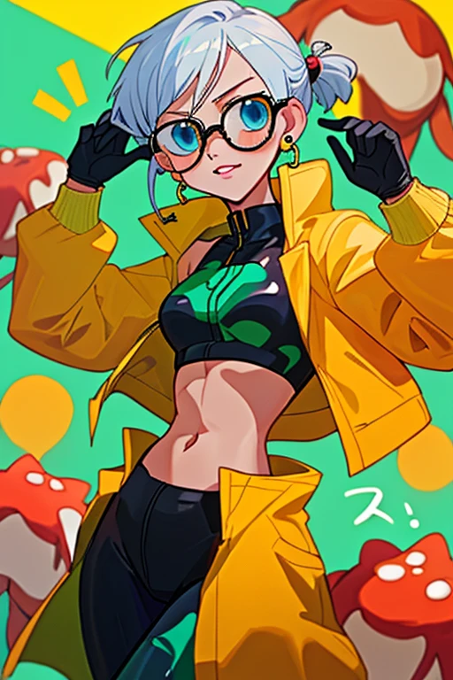 score_9, score_8_up, score_7_up, source_anime, 1girl, solo, looking at viewer, clamJBLee97, cJsunglasses, yellow coat, black gloves, black bodysuit, ((midriff)), ((navel)), ((crop top)), ((bare midriff)), earrings 