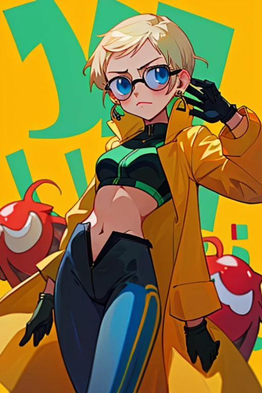 score_9, score_8_up, score_7_up, source_anime, 1girl, solo, looking at viewer, clamJBLee97, cJsunglasses, yellow coat, black gloves, black bodysuit, ((midriff)), ((navel)), ((crop top)), ((bare midriff)), earrings 