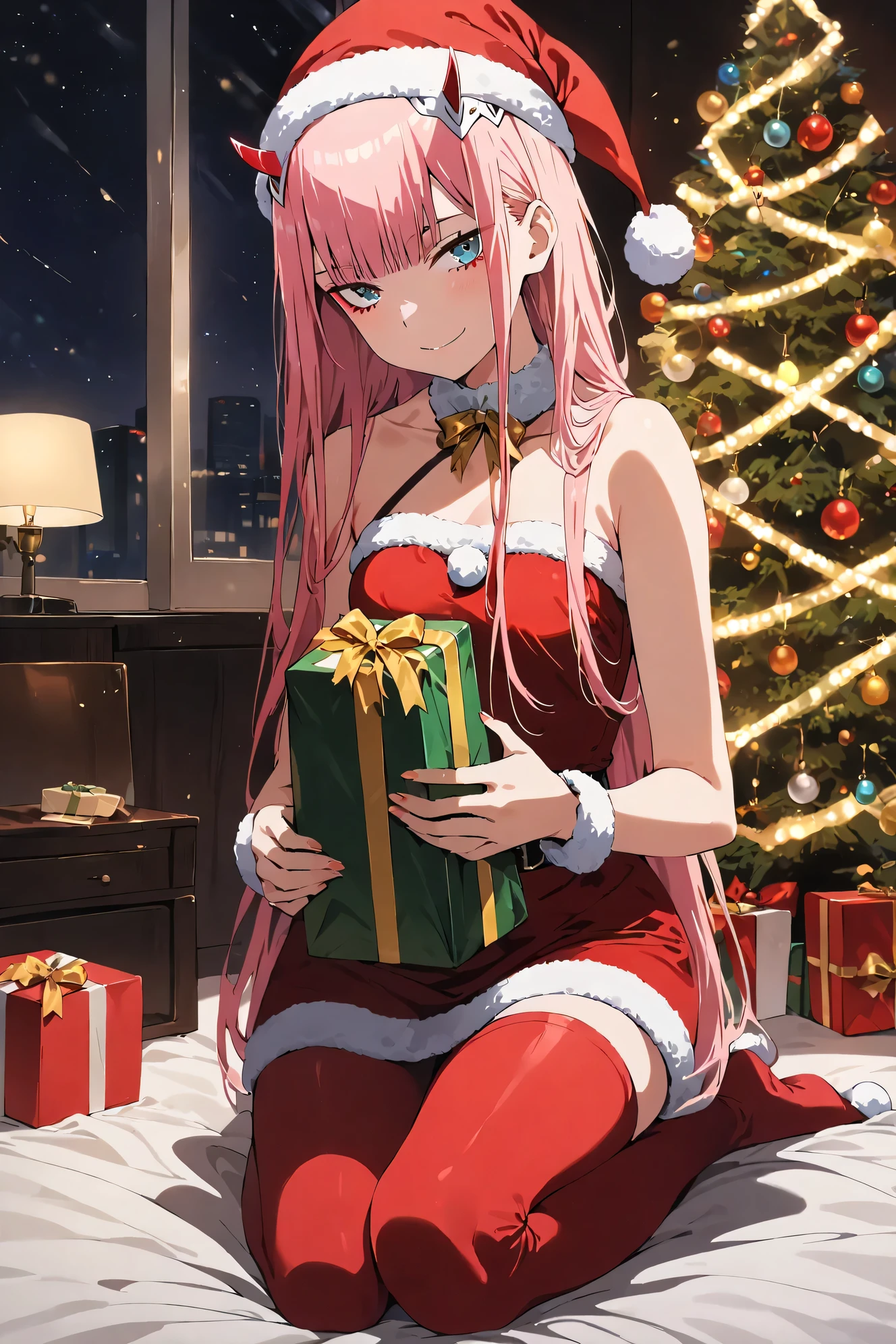 1girl,Zero Two, Darling in franx, ultra-high quality, best quality, 8K, UHD, very aesthetic, photorealism, volumetric lighting, natural lighting, highly detailed, intricate details, little breasts, soft hips, light blue eye, santa hat, santa outfit, red stockings, (holding gift) , kneeling, near Christmas Tree, seductive look, happy smile, modern room, modern lighting, night, electric garland, garland on neck,