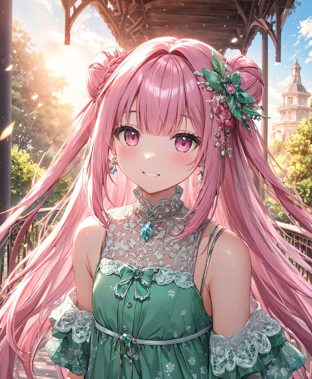 1girl, solo, Pink Shine Bright Hair, hair between eyes, Long hair, loose hair,(two small side buns), beautifully styled hair, aesthetic detailed eyes, (Pink shiny Bright Eyes), looking at viewer,(pale cheeks), (skin colored cheeks), Mesmerise, Little smile, closed mouth, (half body, cowboy shot),  BREAK
(summer green dress), BREAK
gazebo, evening, lights, BREAK
HDR, 8K, masterpiece, best quality, amazing quality, very aesthetic, high resolution, ultra-detailed, absurdres, newest, scenery, 
masterpiece, scenery, aesthetic detailed background, best quality, game cg aesthetics, sharp focus, sharp details, beautiful detailed eyes, detailed skin, detailed hair, light particles,  photo background, depth of field, 
(masterpiece), best quality, ultra-detailed, 1024k UHD wallpaper, ultra-high resolution, depth of field, HDR, Ray tracing, RTX, high saturation, photon mapping, best texture quality, best compotitions, (extremely detailed CG 1024k wallpaper), High Details, Detailed face, Detailed Clothes, Ultra HD Photo, Perfect Face, expressive eyes