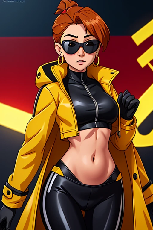 score_9, score_8_up, score_7_up, source_anime, 1girl, solo, looking at viewer, clamJBLee97, cJsunglasses, yellow coat, black gloves, black bodysuit, ((midriff)), ((navel)), ((crop top)), ((bare midriff)), earrings 