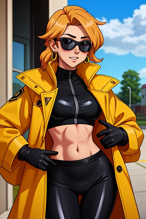 score_9, score_8_up, score_7_up, source_anime, 1girl, solo, looking at viewer, clamJBLee97, cJsunglasses, yellow coat, black gloves, black bodysuit, ((midriff)), ((navel)), ((crop top)), ((bare midriff)), earrings 