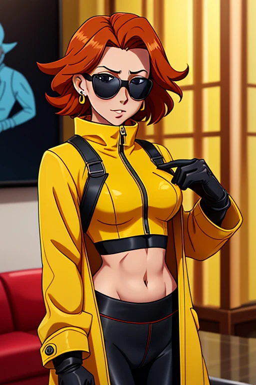 score_9, score_8_up, score_7_up, source_anime, 1girl, solo, looking at viewer, clamJBLee97, cJsunglasses, yellow coat, black gloves, black bodysuit, ((midriff)), ((navel)), ((crop top)), ((bare midriff)), earrings 