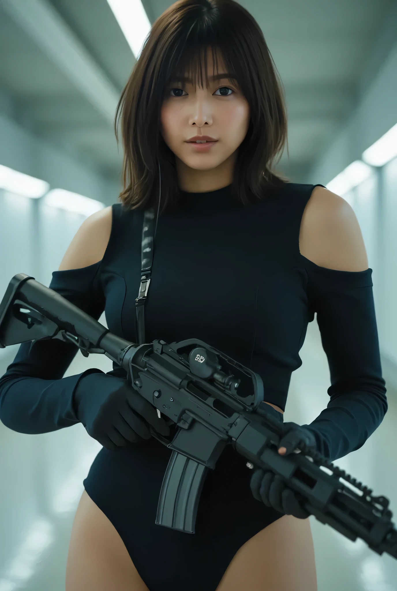 ( one woman),(((masterpiece:1.5))),( top quality:1.5),( high resolution:1.5),(UHD:1.5),( movie lights:1.5),( Delicate Depiction),(( carefully depicts the limbs based on perfect anatomy)),(  carefully drawn with butterfly wings ))),8k,  cute face,Beautiful well-balanced face ,( 20 year old Japanese woman), professional photoshoot, ( Glamorous Shots of Japanese Women ),((Navy blue futuristic SWAT troop style jacket :1.9)),((Put a jacket on naked:1.5)),(((( lower body naked:1.5)))),(( has no pubic hair:1.8)),(((Not wearing panties :1.9))),(( Earphones:1.5)),(((Tactical Holster:1.5))),( gloves:1.5), full body shot , ultra detail,超 high resolution, Draw eyelashes carefully, (( perfect body line )),(( Ideal Proportions )), realistic skin texture ,( long hair with bangs :1.5),( black hair:1.5),( beautiful eyes:1.3),( very detailed face :1.5),(( very detailed drawing of a woman's hand:1.5)),(( muscularity:1.5)),((Bite pussy:1.3)), crotch penetration, super high leg ,(Sexy appearance:1.5),(( big breasts:1.5)),( Protruding Nipples),(((Bare thighs:1.8))),((Voluptuous thighs:1.5)),( beautiful body:1.5),Anime-like glamorous body ,((Very sensual:1.5)),Women with Ideal Body Lines ,(((I have a futuristic gun)),(A dark, futuristic warehouse:1.5),( cyberpunk vibe :1.5),((( Blurry Backgrounds :1.5)))