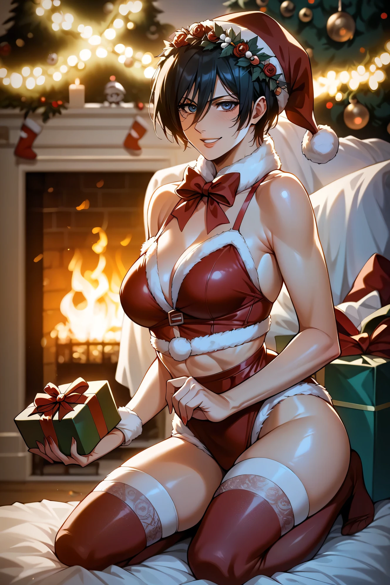 1girl,mikasa ackerman,attack on titan, ultra-high quality, best quality, 8K, UHD, very aesthetic, photorealism, volumetric lighting, natural lighting, highly detailed, intricate details, little breasts, soft hips, light blue eye, santa hat, santa outfit, red stockings, (holding gift) , kneeling, near Christmas Tree, seductive look, happy smile, modern room, modern lighting, night, electric garland, garland on neck,