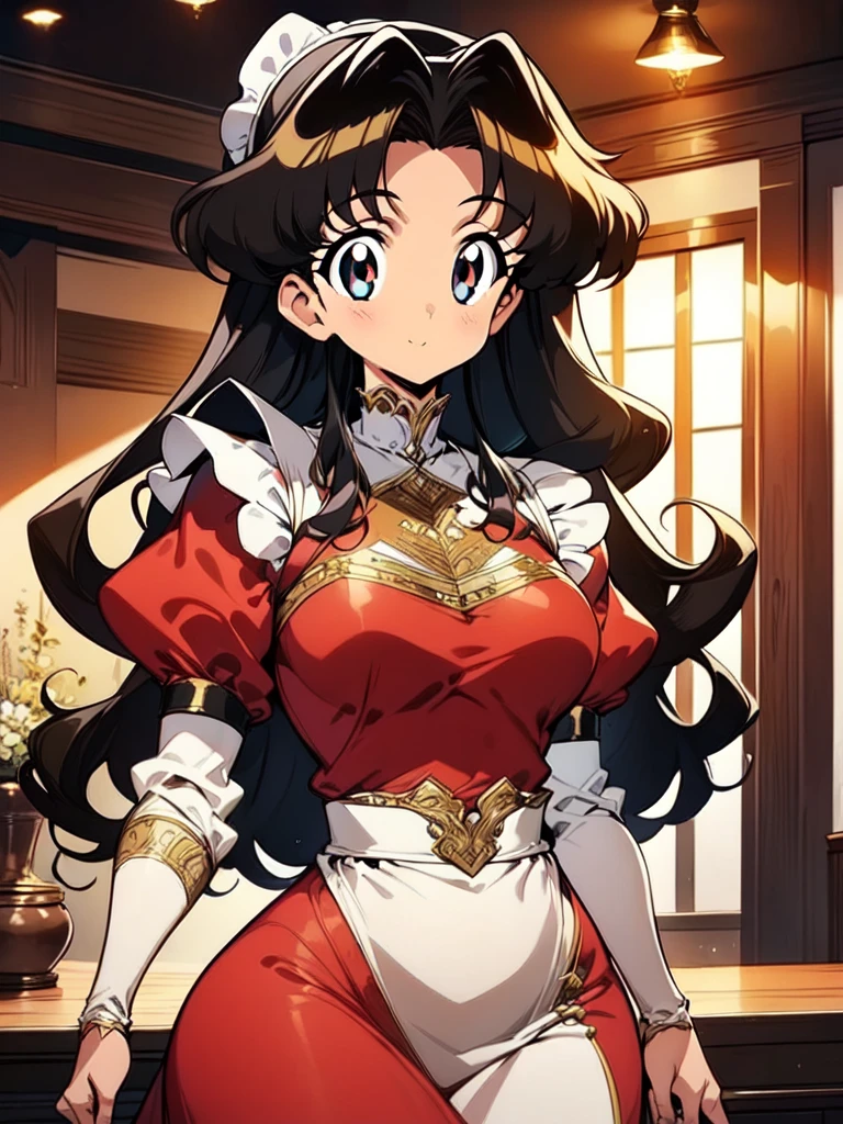 18 year old beautiful girl, big eyes, big breasts, Small and slender, 8k, high quality, (very detailed chapter: 1.0), (very detailed face: 1.0), (very detailed hairstyle: 1.0), maid clothes, Very detailed formalization, anime mo art style, pure detailed anime art, smile, golden hair, sleek long hair