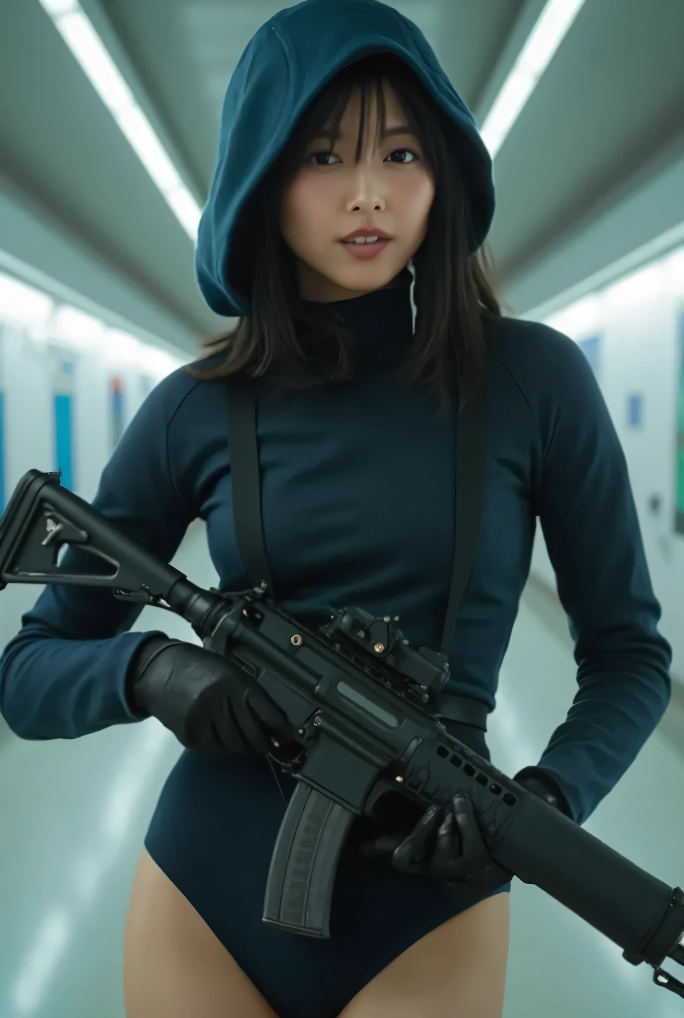 ( one woman),(((masterpiece:1.5))),( top quality:1.5),( high resolution:1.5),(UHD:1.5),( movie lights:1.5),( Delicate Depiction),(( carefully depicts the limbs based on perfect anatomy)),( carefully drawn with butterfly wings ))),8k, cute face,Beautiful well-balanced face ,( 20 year old Japanese woman), professional photoshoot, Realistic,Genuine,( Glamorous Shots of Japanese Women ),((Navy blue futuristic SWAT troop style jacket :1.9)),((Put a jacket on naked:1.5)),(((( lower body naked:1.5)))),(( has no pubic hair:1.8)),(((Not wearing panties :1.9))),(( Earphones:1.5)),(((Tactical Holster:1.5))),( gloves:1.5), full body shot , ultra detail,超 high resolution, Draw eyelashes carefully, (( perfect body line )),(( Ideal Proportions )), realistic skin texture ,( long hair with bangs :1.5),( black hair:1.5),( beautiful eyes:1.3),( very detailed face :1.5),(( very detailed drawing of a woman's hand:1.5)),(( muscularity:1.5)),((Bite pussy:1.3)), crotch penetration, super high leg ,(Sexy appearance:1.5),(( big breasts:1.5)),( Protruding Nipples),(((Bare thighs:1.8))),((Voluptuous thighs:1.5)),( beautiful body:1.5),Anime-like glamorous body ,((Very sensual:1.5)),Women with Ideal Body Lines ,(((I have a futuristic gun)),(A dark, futuristic warehouse:1.5),( cyberpunk vibe :1.5),((( Blurry Backgrounds :1.5)))