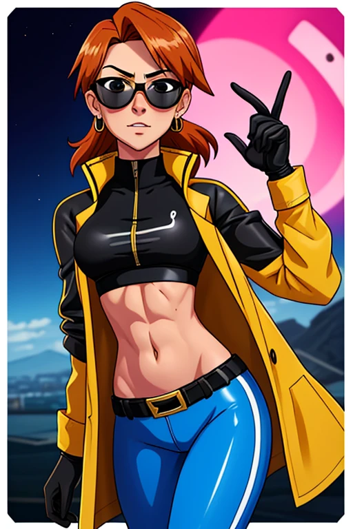 score_9, score_8_up, score_7_up, source_anime, 1girl, solo, looking at viewer, clamJBLee97, cJsunglasses, yellow coat, black gloves, black bodysuit, ((midriff)), ((navel)), ((crop top)), ((bare midriff)), earrings 