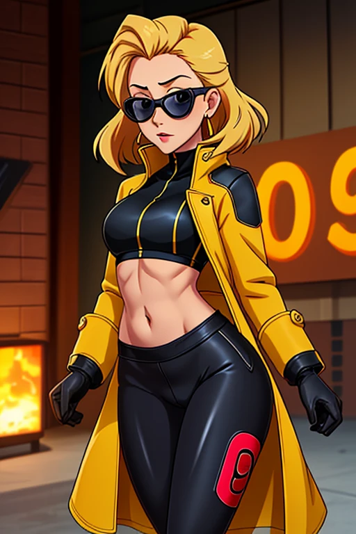 score_9, score_8_up, score_7_up, source_anime, 1girl, solo, looking at viewer, clamJBLee97, cJsunglasses, yellow coat, black gloves, black bodysuit, ((midriff)), ((navel)), ((crop top)), ((bare midriff)), earrings 