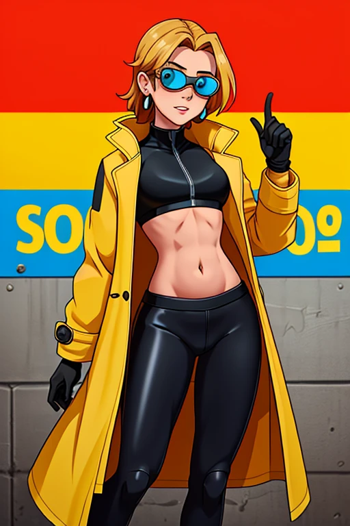 score_9, score_8_up, score_7_up, source_anime, 1girl, solo, looking at viewer, clamJBLee97, cJsunglasses, yellow coat, black gloves, black bodysuit, ((midriff)), ((navel)), ((crop top)), ((bare midriff)), earrings 