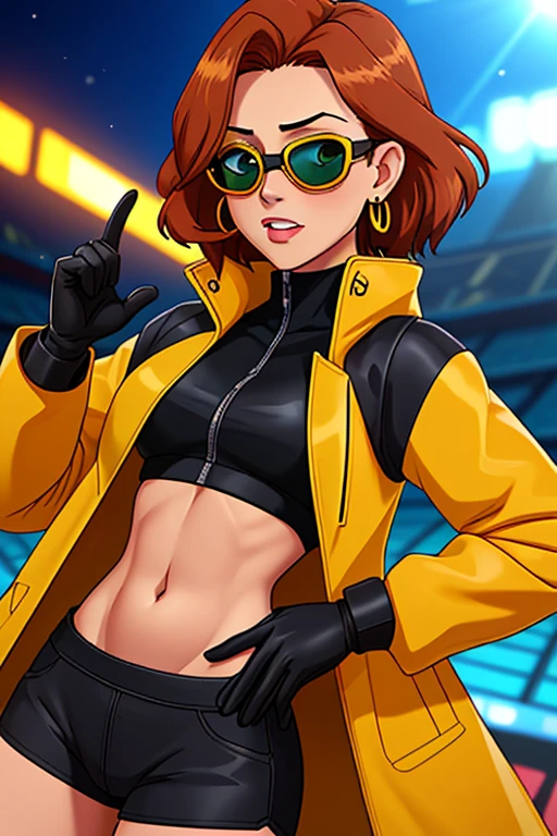 score_9, score_8_up, score_7_up, source_anime, 1girl, solo, looking at viewer, clamJBLee97, cJsunglasses, yellow coat, black gloves, black bodysuit, ((midriff)), ((navel)), ((crop top)), ((bare midriff)), earrings 