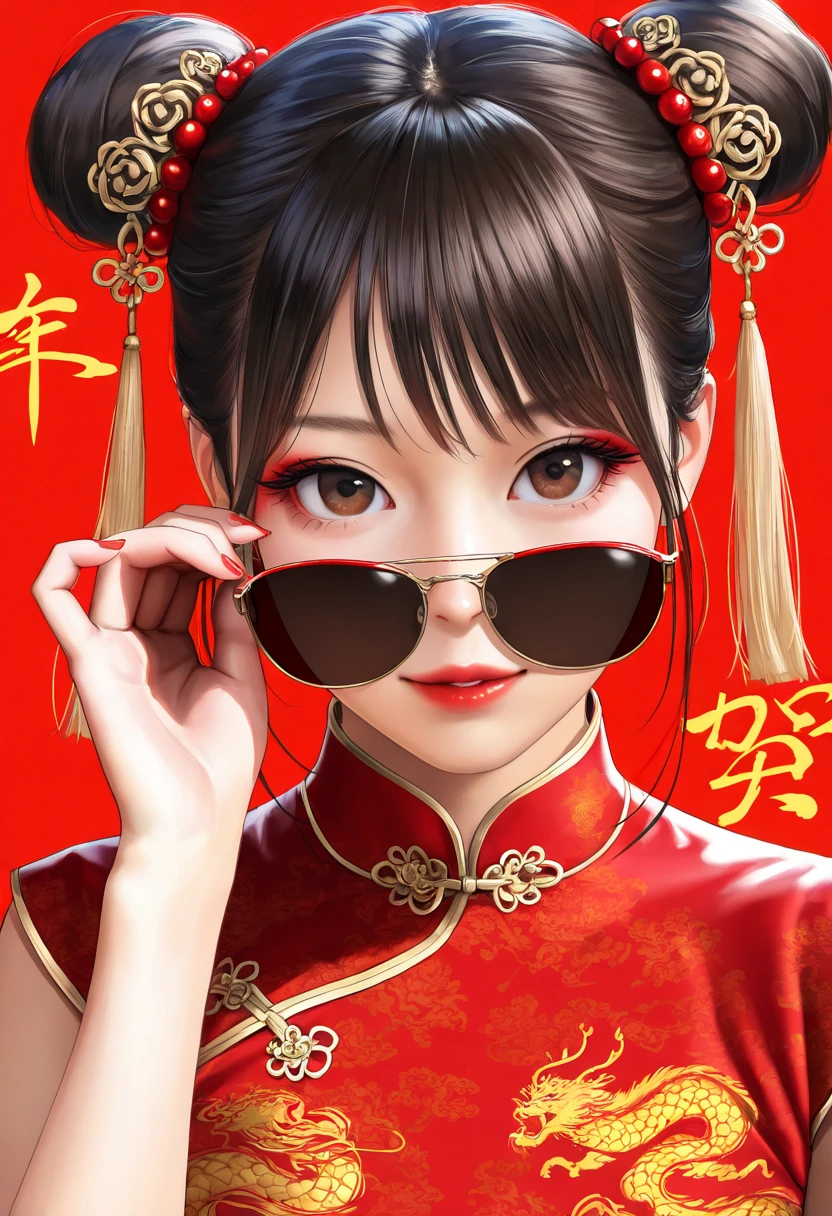 (best quality,4k,8k,highres,masterpiece:1.2),ultra-detailed,(realistic,photorealistic,photo-realistic:1.37),a beautiful black-haired girl in Chinese clothing,red background,looking at viewer,traditional Chinese dress,red qipao,Chinese style,modern Chinese fashion,red nail polish,brown eyes,beautiful detailed eyes,beautiful detailed lips,makeup,red lipstick,adjusting sunglasses,double buns,hairstyle,hair accessories,red dress,red and pink nails,simple background,2025 New Year,neon colors,studio lighting,portrait,New Year's outfit,Chinese New Year,traditional and modern fusion,highly detailed face,extremely detailed eyes and face,long eyelashes,physically-based rendering,sharp focus,vivid colors,bokeh, HDR,UHD,extreme detail description,professional,concept art,modern Chinese aesthetic,high fashion,contemporary style,Chinese cultural elements,red and gold tones,Chinese New Year 2025,Chinese traditional patterns,modern twist,Chinese elegance,stylish,graceful,high resolution,highly detailed,realism,photography,high contrast,clear details