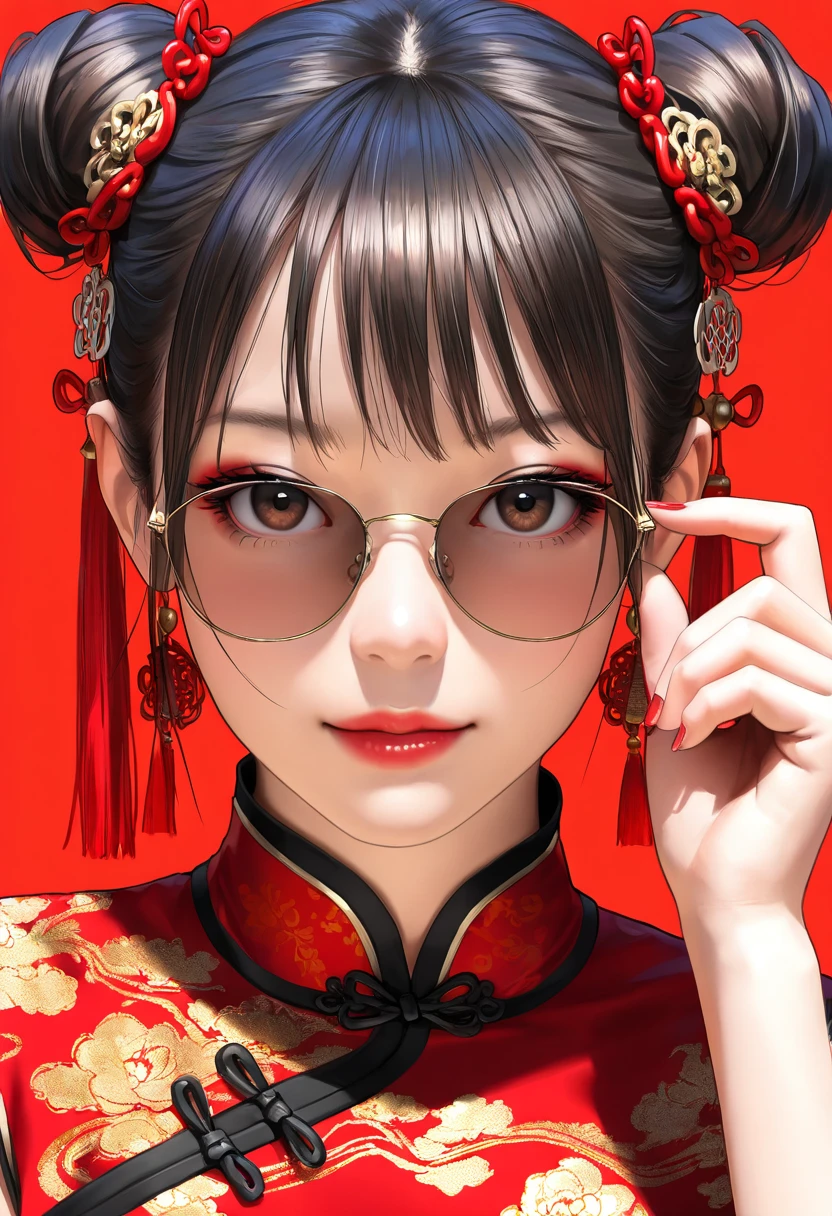 (best quality,4k,8k,highres,masterpiece:1.2),ultra-detailed,(realistic,photorealistic,photo-realistic:1.37),a beautiful black-haired girl in Chinese clothing,red background,looking at viewer,traditional Chinese dress,red qipao,Chinese style,modern Chinese fashion,red nail polish,brown eyes,beautiful detailed eyes,beautiful detailed lips,makeup,red lipstick,adjusting sunglasses,double buns,hairstyle,hair accessories,red dress,red and pink nails,simple background,2025 New Year,neon colors,studio lighting,portrait,New Year's outfit,Chinese New Year,traditional and modern fusion,highly detailed face,extremely detailed eyes and face,long eyelashes,physically-based rendering,sharp focus,vivid colors,bokeh, HDR,UHD,extreme detail description,professional,concept art,modern Chinese aesthetic,high fashion,contemporary style,Chinese cultural elements,red and gold tones,Chinese New Year 2025,Chinese traditional patterns,modern twist,Chinese elegance,stylish,graceful,high resolution,highly detailed,realism,photography,high contrast,clear details