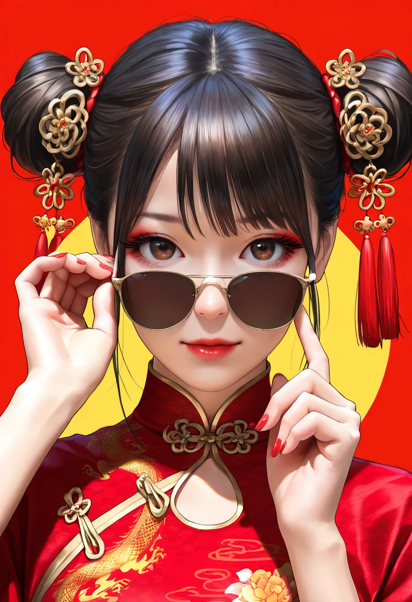 (best quality,4k,8k,highres,masterpiece:1.2),ultra-detailed,(realistic,photorealistic,photo-realistic:1.37),a beautiful black-haired girl in Chinese clothing,red background,looking at viewer,traditional Chinese dress,red qipao,Chinese style,modern Chinese fashion,red nail polish,brown eyes,beautiful detailed eyes,beautiful detailed lips,makeup,red lipstick,adjusting sunglasses,double buns,hairstyle,hair accessories,red dress,red and pink nails,simple background,2025 New Year,neon colors,studio lighting,portrait,New Year's outfit,Chinese New Year,traditional and modern fusion,highly detailed face,extremely detailed eyes and face,long eyelashes,physically-based rendering,sharp focus,vivid colors,bokeh, HDR,UHD,extreme detail description,professional,concept art,modern Chinese aesthetic,high fashion,contemporary style,Chinese cultural elements,red and gold tones,Chinese New Year 2025,Chinese traditional patterns,modern twist,Chinese elegance,stylish,graceful,high resolution,highly detailed,realism,photography,high contrast,clear details