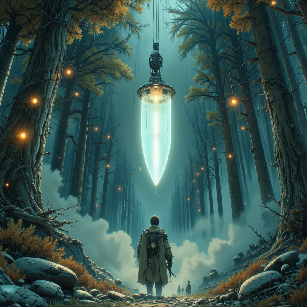 Cinematic, In a magical forest with trees resembling hourglasses, the man stared intently at a giant knife floating in the air in front of him. The knife seemed to try to stab, but was stopped in mid-air due to the light energy emanating from the man. The expression on his face was full of confidence and courage.