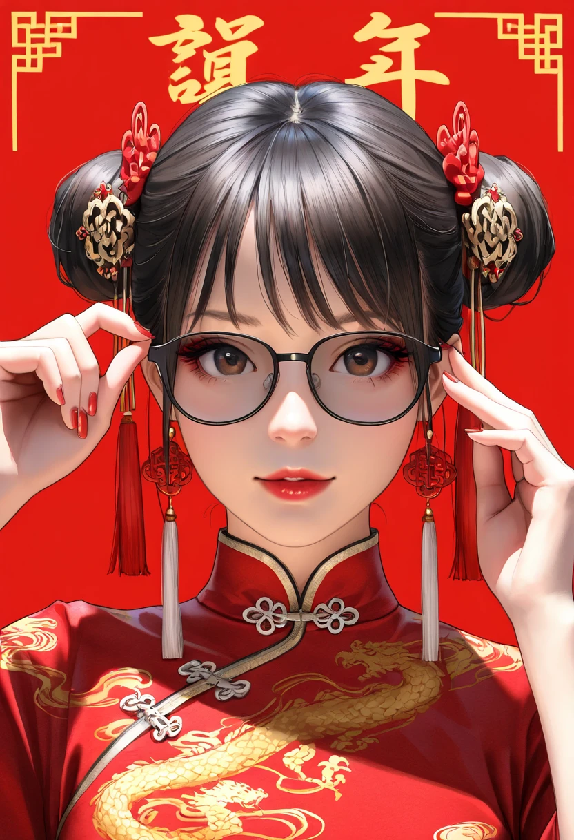 (best quality,4k,8k,highres,masterpiece:1.2),ultra-detailed,(realistic,photorealistic,photo-realistic:1.37),a beautiful black-haired girl in Chinese clothing,red background,looking at viewer,traditional Chinese dress,red qipao,Chinese style,modern Chinese fashion,red nail polish,brown eyes,beautiful detailed eyes,beautiful detailed lips,makeup,red lipstick,adjusting sunglasses,double buns,hairstyle,hair accessories,red dress,red and pink nails,simple background,2025 New Year,neon colors,studio lighting,portrait,New Year's outfit,Chinese New Year,traditional and modern fusion,highly detailed face,extremely detailed eyes and face,long eyelashes,physically-based rendering,sharp focus,vivid colors,bokeh, HDR,UHD,extreme detail description,professional,concept art,modern Chinese aesthetic,high fashion,contemporary style,Chinese cultural elements,red and gold tones,Chinese New Year 2025,Chinese traditional patterns,modern twist,Chinese elegance,stylish,graceful,high resolution,highly detailed,realism,photography,high contrast,clear details