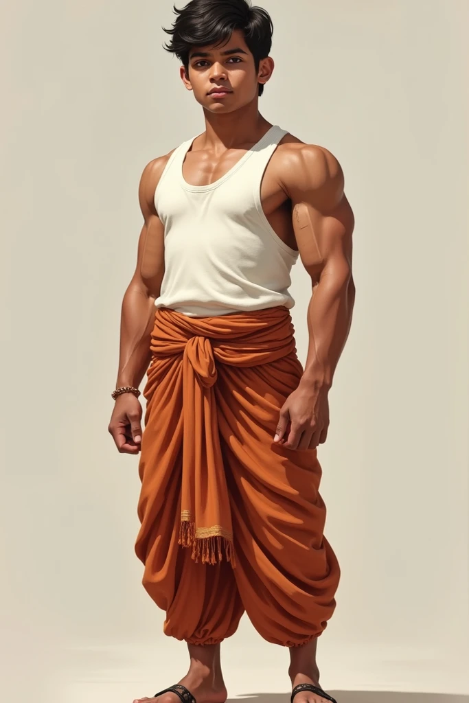 Fashioned sketch of a male person wearing a traditional white dhoti, paired with an open sleeveless jacket made from newspaper print, and a long, flowing, coat with golden embroidery. The coat billows dramatically, and the newspaper jacket adds a quirky, modern twist.