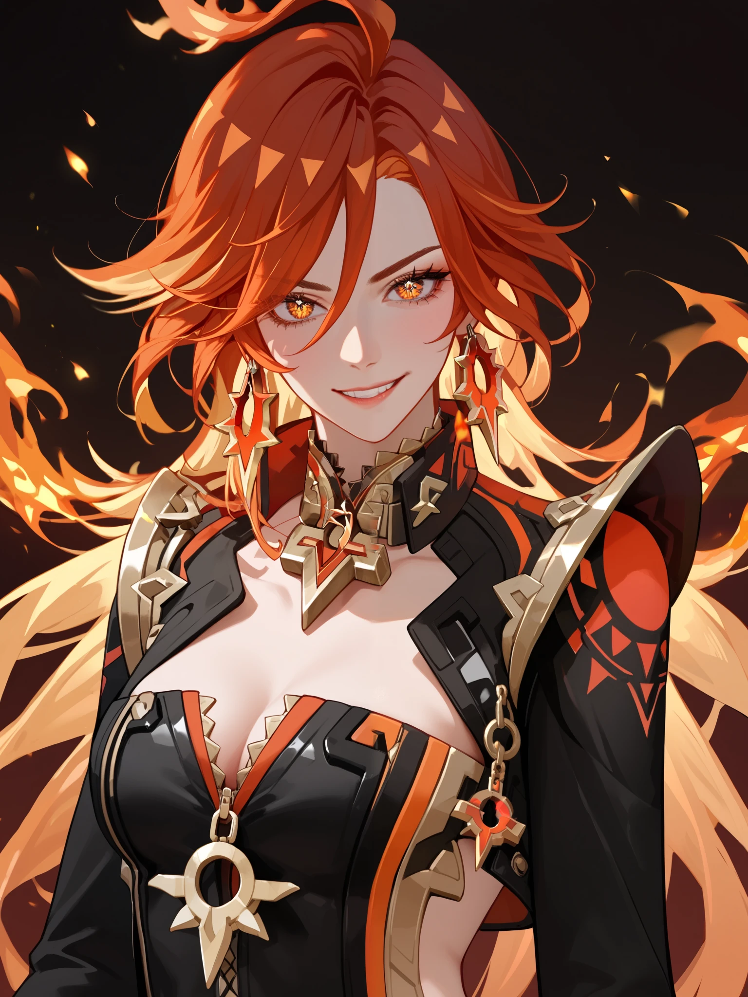 score_9,score_8_up,score_7_up,    ï¼1girl, absurdres, alternate skin color, black suit, cleavage, clenched teeth, collarbone, collared suit, comic, dark-skinned female, detached collar, english commentary, fiery hair, fire, hair between eyes, hair up, head tilt, highres, long hair, long sleeves, looking at viewer, looking to the side, mavuika (genshin impact), orange eyes, orange hair, partially unzipped, shade, shoulder pads, simple background, smile, solo, swept bangs, watermark, white background