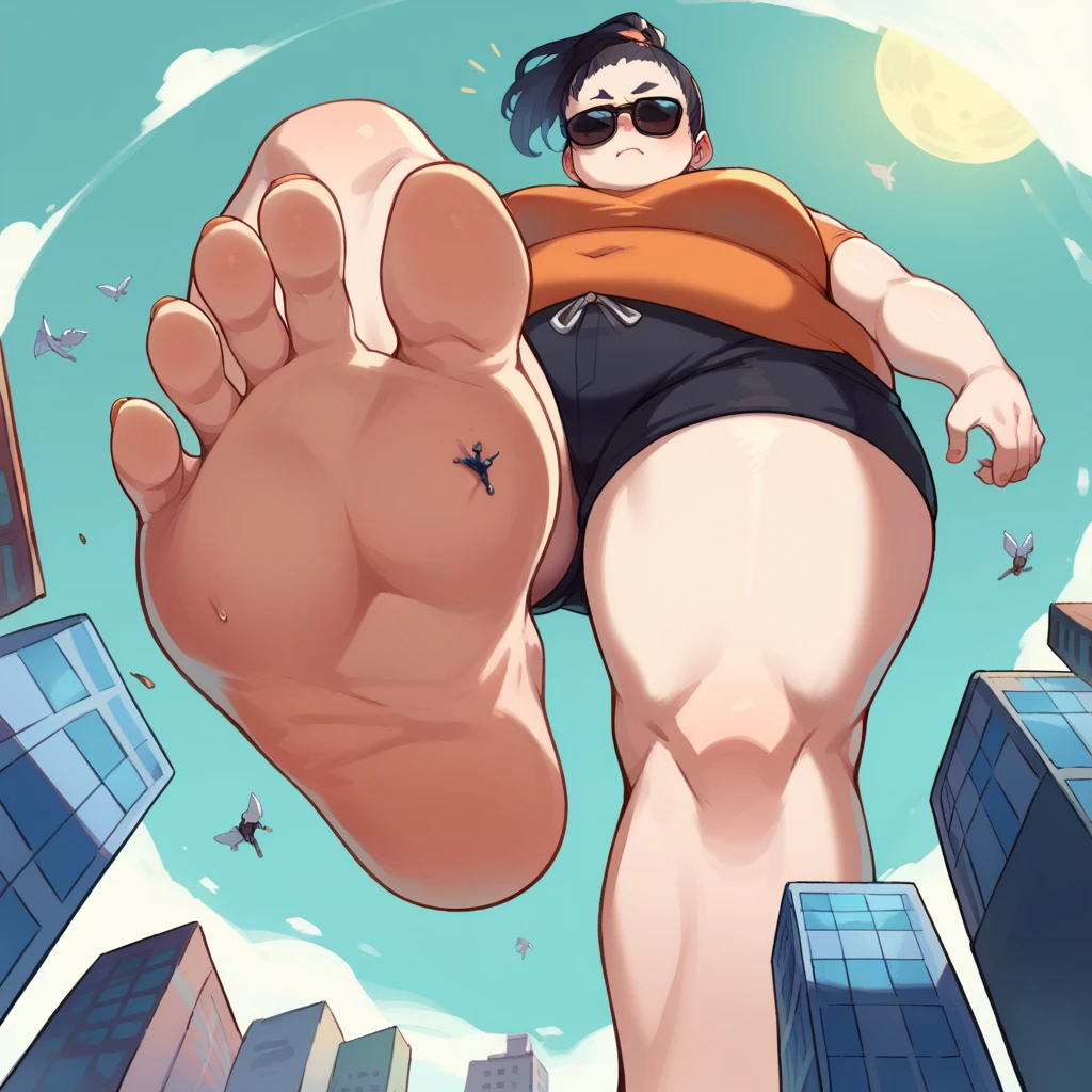 score_9, score_8_up, score_7_up, source_anime,  BREAK      pov: under giantess,Orange shirt, black shorts, black sunglasses,white Skin tone,Ponytail hair,Chubby,from below,stomp,city,soles,Black hair 