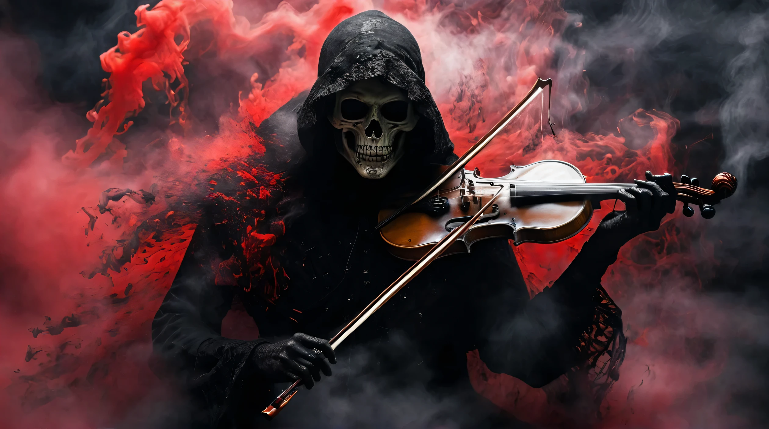 Black grim reaper, Engulfed BY black and red, (playing scythe violin), detailed weapons, top quality, highly detailed, dark and mysterious, Gothic style, menacing presence, haunting atmosphere, subtle lighting, gloomy and foreboding, eerie shadows, swirling mist, supernatural elements, skull motif, dramatic composition, macabre aesthetic,