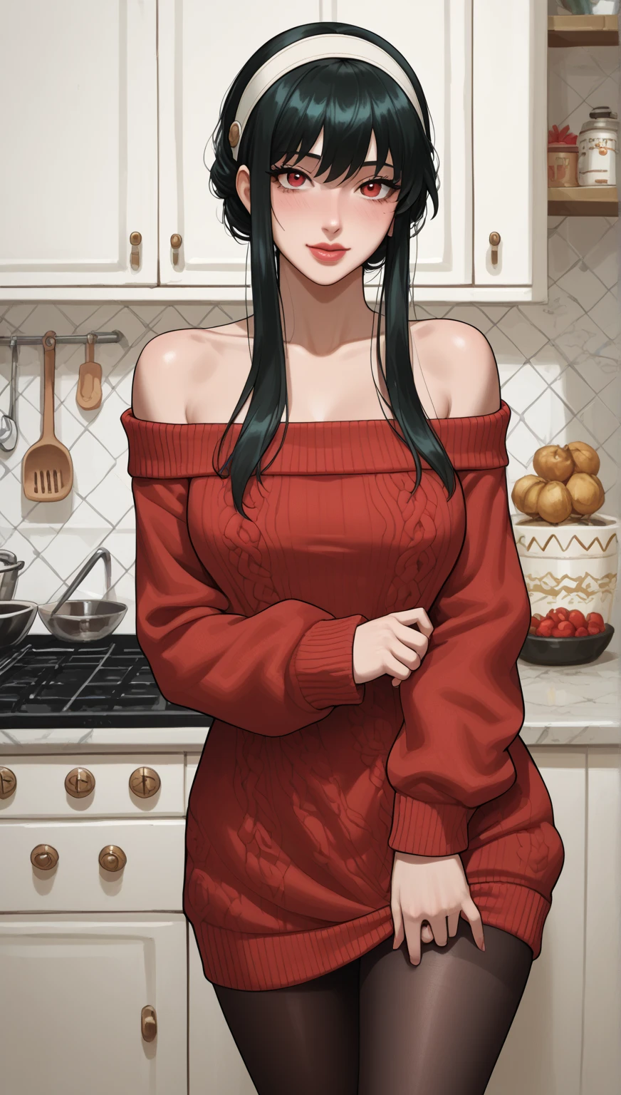 masterpiece, yor, 1girl, Amazing Cleavage:1.3, thin waist, big ass, Raised sexy, medium breast: 1.8 posed cleavage:1.2、solo, looking at viewer, open mouth, have a cup of coffee,black hair, red eyes, dress, bare shoulders, jewelry, collarbone, sidelocks, hairband, earrings, indoors, off shoulder, :o, sweater, arms behind back, plant, short hair with long locks, white hairband, off-shoulder dress, sweater dress, off-shoulder sweater, red sweater, big side hair, very long side hair,is rendered in (masterpiece: 1.2, best quality), with (ultra high resolution) and an exquisite (depth of field). This masterpiece is not only visually stunning but also tells, make of cake cooking ,in the kitchen
