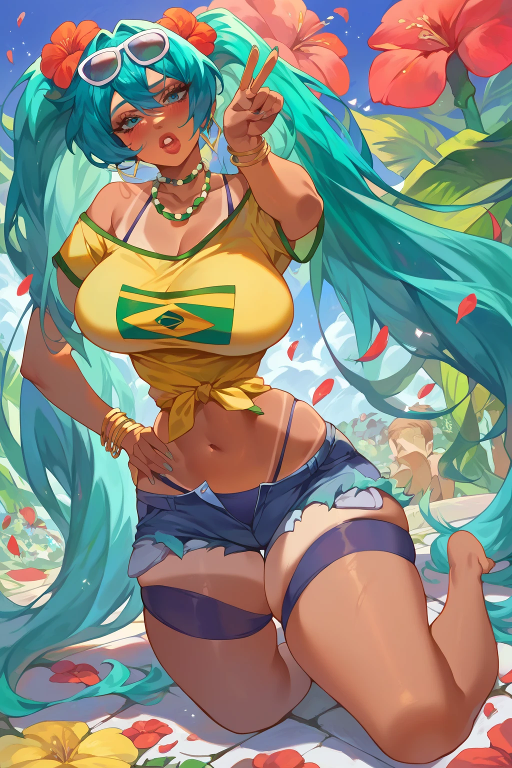 score_9, score_8_up, score_7_up, score_6_up, score_5_up, score_4_up, masterpiece, high quality, BREAK, full body, BREAK, 1girl,  HeartBoobPose, hand gesture, posing over breasts,  hands on hips, over nipple,  aqua hair, sunglasses on head, flower in hair, yellow shirt, brazil flag on shirt, denim shorts, booty shorts, tanned, 1girl, hatsune miku,humongous hourglass body,curvy,sultry pose,hips tilted to left,while doing a sexy lips kiss face,while batting eyelashes,humongous butt, humongous breasts injected lips 