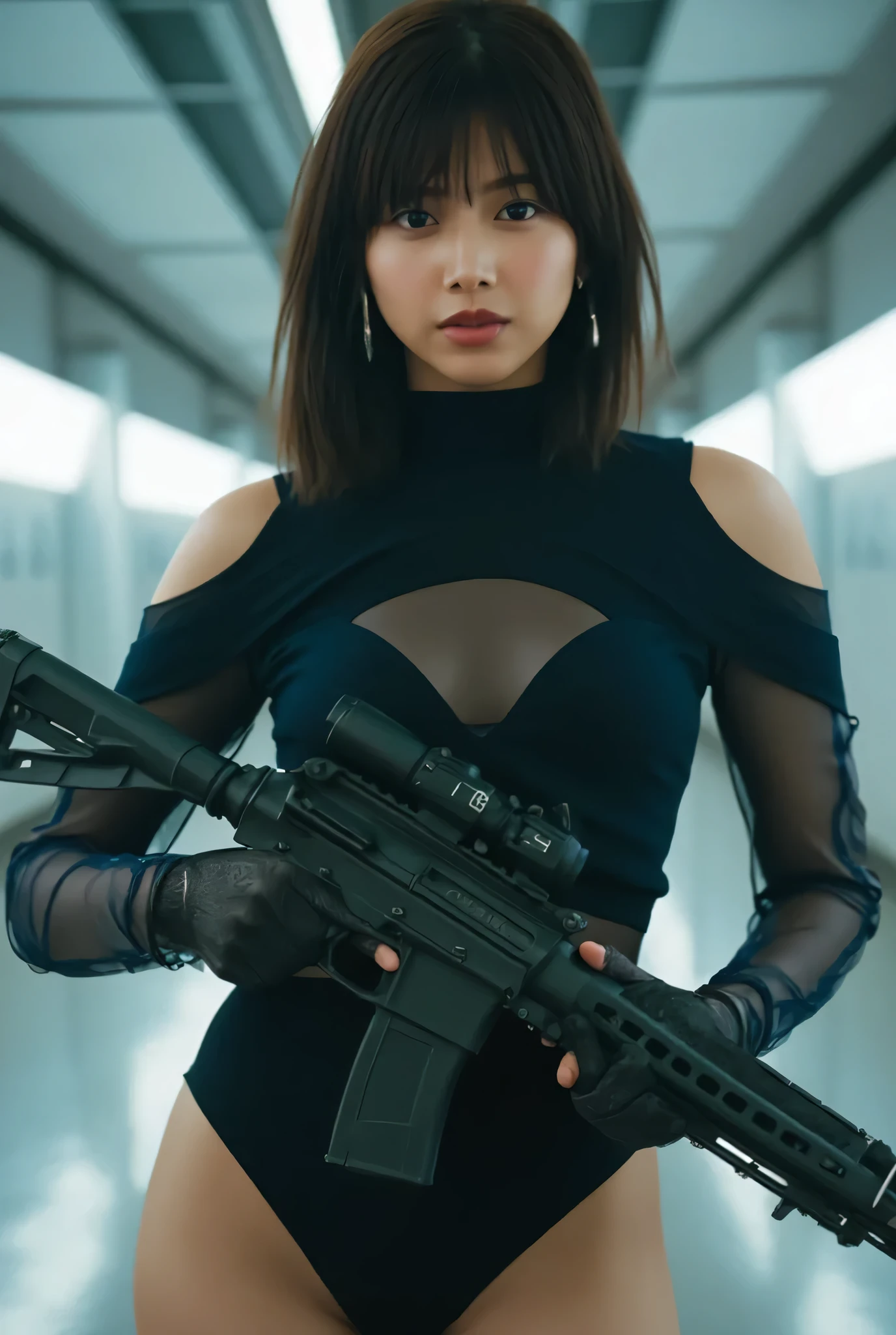 ( one woman),(((masterpiece:1.5))),( top quality:1.5),( high resolution:1.5),(UHD:1.5),( movie lights:1.5),( Delicate Depiction),(( carefully depicts the limbs based on perfect anatomy)),( carefully drawn with butterfly wings ))),8k, cute face,Beautiful well-balanced face ,( 20 year old Japanese woman), professional photoshoot, Realistic,Genuine,( Glamorous Shots of Japanese Women ),((Navy blue futuristic SWAT troop style jacket :1.9)),((Wear a jacket with an open front while naked:1.5)),(((( lower body naked:1.5)))),(( has no pubic hair:1.8)),(((Not wearing panties :1.9))),(( Earphones:1.5)),(((Tactical Holster:1.5))),( gloves:1.5), full body shot , ultra detail,超 high resolution, Draw eyelashes carefully, (( perfect body line )),(( Ideal Proportions )), realistic skin texture ,( long hair with bangs :1.5),( black hair:1.5),( beautiful eyes:1.3),( very detailed face :1.5),(( very detailed drawing of a woman's hand:1.5)),(( muscularity:1.5)),((Bite pussy:1.3)), crotch penetration, super high leg ,(Sexy appearance:1.5),(( big breasts:1.5)),( Protruding Nipples),(((Bare thighs:1.8))),((Voluptuous thighs:1.5)),( beautiful body:1.5),Anime-like glamorous body ,((Very sensual:1.5)),Women with Ideal Body Lines ,(((I have a futuristic gun)),(A dark, futuristic warehouse:1.5),( cyberpunk vibe :1.5),((( Blurry Backgrounds :1.5)))