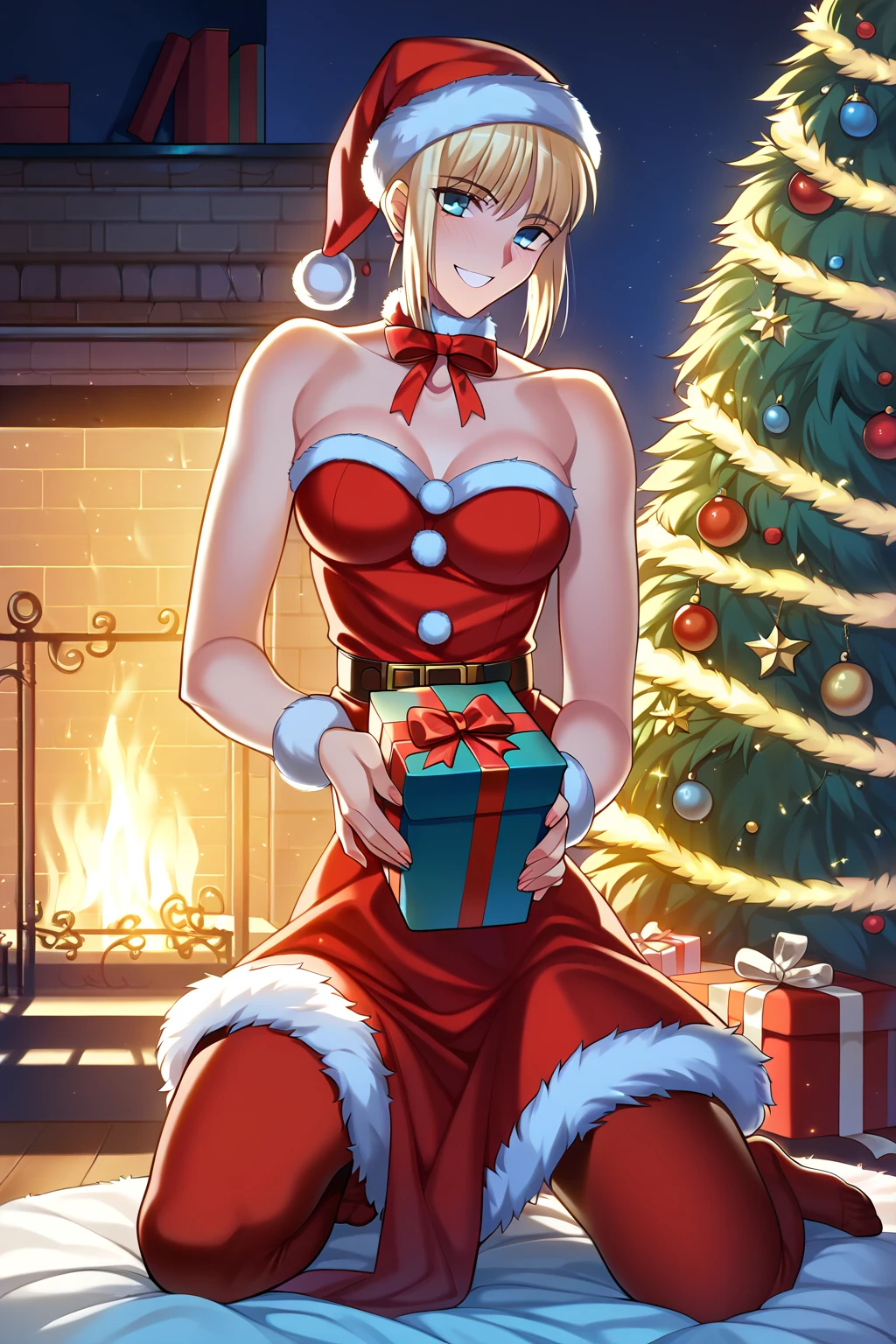 1girl,saber,fate, ultra-high quality, best quality, 8K, UHD, very aesthetic, photorealism, volumetric lighting, natural lighting, highly detailed, intricate details, little breasts, soft hips, light blue eye, santa hat, santa outfit, red stockings, (holding gift) , kneeling, near Christmas Tree, seductive look, happy smile, modern room, modern lighting, night, electric garland, garland on neck,