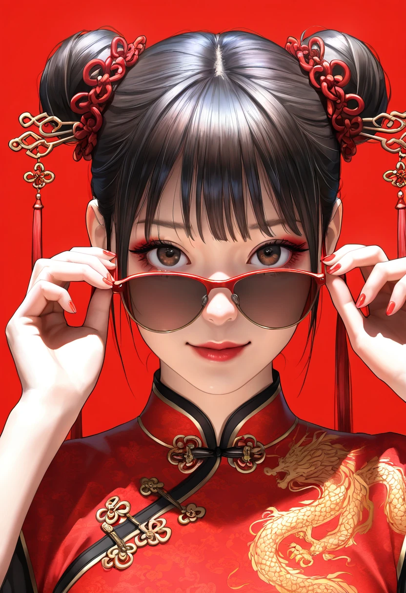 (best quality,4k,8k,highres,masterpiece:1.2),ultra-detailed,(realistic,photorealistic,photo-realistic:1.37),a beautiful black-haired girl in Chinese clothing,red background,looking at viewer,traditional Chinese dress,red qipao,Chinese style,modern Chinese fashion,red nail polish,brown eyes,beautiful detailed eyes,beautiful detailed lips,makeup,red lipstick,adjusting sunglasses,double buns,hairstyle,hair accessories,red dress,red and pink nails,simple background,2025 New Year,neon colors,studio lighting,portrait,New Year's outfit,Chinese New Year,traditional and modern fusion,highly detailed face,extremely detailed eyes and face,long eyelashes,physically-based rendering,sharp focus,vivid colors,bokeh, HDR,UHD,extreme detail description,professional,concept art,modern Chinese aesthetic,high fashion,contemporary style,Chinese cultural elements,red and gold tones,Chinese New Year 2025,Chinese traditional patterns,modern twist,Chinese elegance,stylish,graceful,high resolution,highly detailed,realism,photography,high contrast,clear details