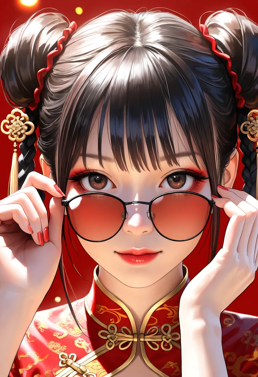 (best quality,4k,8k,highres,masterpiece:1.2),ultra-detailed,(realistic,photorealistic,photo-realistic:1.37),a beautiful black-haired girl in Chinese clothing,red background,looking at viewer,traditional Chinese dress,red qipao,Chinese style,modern Chinese fashion,red nail polish,brown eyes,beautiful detailed eyes,beautiful detailed lips,makeup,red lipstick,adjusting sunglasses,double buns,hairstyle,hair accessories,red dress,red and pink nails,simple background,2025 New Year,neon colors,studio lighting,portrait,New Year's outfit,Chinese New Year,traditional and modern fusion,highly detailed face,extremely detailed eyes and face,long eyelashes,physically-based rendering,sharp focus,vivid colors,bokeh, HDR,UHD,extreme detail description,professional,concept art,modern Chinese aesthetic,high fashion,contemporary style,Chinese cultural elements,red and gold tones,Chinese New Year 2025,Chinese traditional patterns,modern twist,Chinese elegance,stylish,graceful,high resolution,highly detailed,realism,photography,high contrast,clear details