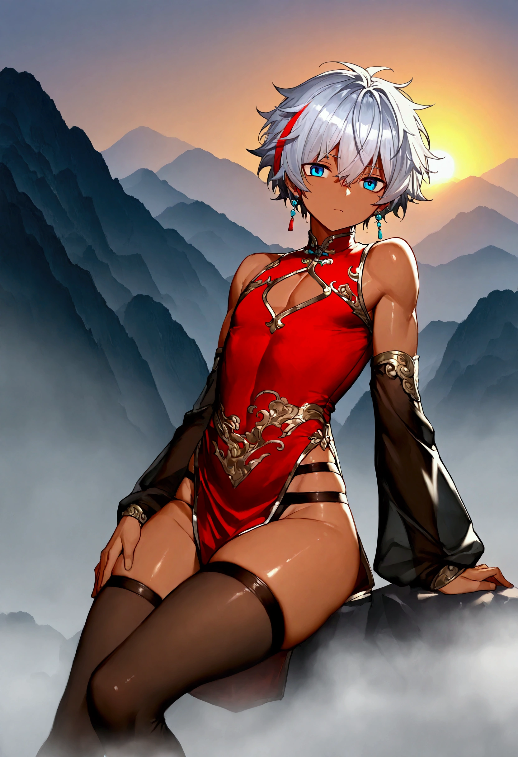 ((woman, bare breasts, brown maxi skirt with a rope like lace, shaved maxi skirt, small breasts, ((very long white hair with shags, red eyes, ((with round glasses with)), hopeless face) ),((standing, 1 arm behind back)), in a haunted forest at night,