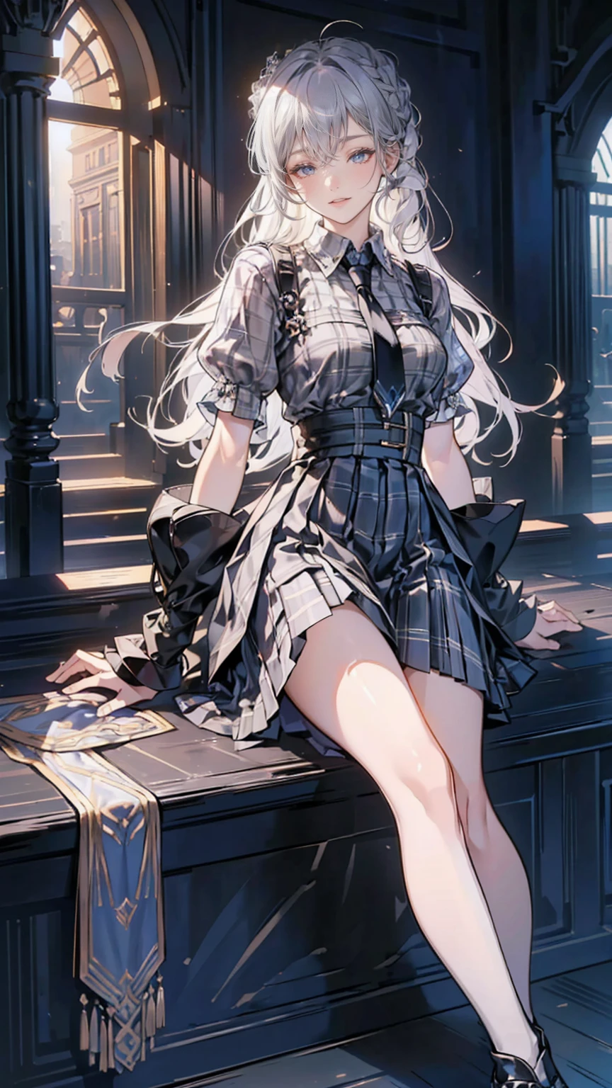 (The perfect solution,  absurd,  dynamic lighting  ,  high resolution, masterpiece,  top quality),  black background, ((moonlight)),,  1 girl,  Silver Hair,  shiny hair, very  long hair, 鈍いbangs, Very red lips,  Staring at the Audience , Iconic Eyes, ((( with semi-closed eyes ))), (偽りのsmile), (Chest and ribs),  eyes are bright red , Narrow pupils,  gothic makeup ,, Pale and bright skin, (Fallen Angel)))), ((((Haniel)))) Light Skin Hair,  long hair, きれいに整えられたbangs, ((Long bottoms)), (( has long eyelashes)),  eyeshadow, ((( gray eyes))), whiteい肌と茶色の唇, (Laugh without emotion), Behaving in an obscene manner, ((whiteい美しいゴシック衣装)), Lady,, ( beautiful background: 1.18),  high resolution, art, work,  top quality, ,Shadow Face　、 beautiful girl 、とても cute天使、 Pink T-shirt 、 cute、*********、smile、 long skirt、 Black Long Boots 、.( top quality,4K, high resolution,masterpiece:1.2), very detailed, realistic:1.37,  beautiful girl 、Very  cute angel、(masterpiece:1.2,  top quality), (, photo:1.4),  Staring at the Audience , whole body, Front View:0.6, ,  Japanese , high School girl, ( long hair:1.5), Dry your hair, ( half up, ,  half up, do), bangs, Hair between the eyebrows, Big Breasted :0.8,  beautiful hair,  pretty face ,  Beautiful Delicate Eyes,  beautiful collarbone,  beautiful body, Beautiful breasts,  beautiful thighs , 美しいfeet, (  beautiful scenery ), , School, (( short sleeve shirt with collar , white shirt, School uniform,  gray plaid pleated skirt ,  blue check night tie)), white,  lie down on a table on the stage， skirt hangs around the thighs, Clothes buttons open, show内衣,  with hands behind  ， feet ，show， , ,smile、 long skirt、
