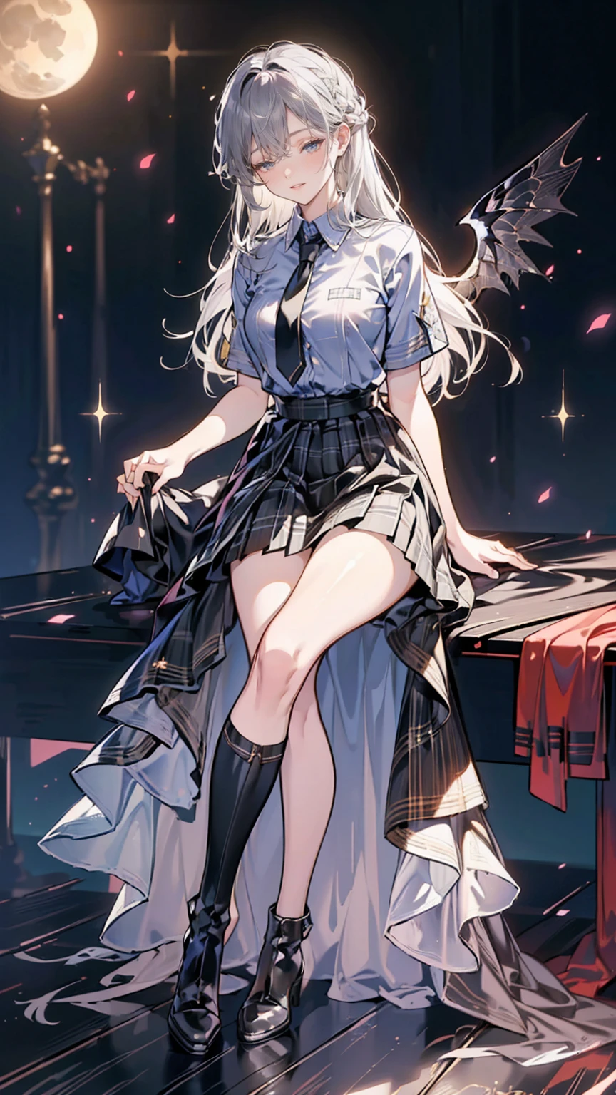 (The perfect solution,  absurd,  dynamic lighting  ,  high resolution, masterpiece,  top quality),  black background, ((moonlight)),,  1 girl,  Silver Hair,  shiny hair, very  long hair, 鈍いbangs, Very red lips,  Staring at the Audience , Iconic Eyes, ((( with semi-closed eyes ))), (偽りのsmile), (Chest and ribs),  eyes are bright red , Narrow pupils,  gothic makeup ,, Pale and bright skin, (Fallen Angel)))), ((((Haniel)))) Light Skin Hair,  long hair, きれいに整えられたbangs, ((Long bottoms)), (( has long eyelashes)),  eyeshadow, ((( gray eyes))), whiteい肌と茶色の唇, (Laugh without emotion), Behaving in an obscene manner, ((whiteい美しいゴシック衣装)), Lady,, ( beautiful background: 1.18),  high resolution, art, work,  top quality, ,Shadow Face　、 beautiful girl 、とても cute天使、 Pink T-shirt 、 cute、*********、smile、 long skirt、 Black Long Boots 、.( top quality,4K, high resolution,masterpiece:1.2), very detailed, realistic:1.37,  beautiful girl 、Very  cute angel、(masterpiece:1.2,  top quality), (, photo:1.4),  Staring at the Audience , whole body, Front View:0.6, ,  Japanese , high School girl, ( long hair:1.5), Dry your hair, ( half up, ,  half up, do), bangs, Hair between the eyebrows, Big Breasted :0.8,  beautiful hair,  pretty face ,  Beautiful Delicate Eyes,  beautiful collarbone,  beautiful body, Beautiful breasts,  beautiful thighs , 美しいfeet, (  beautiful scenery ), , School, (( short sleeve shirt with collar , white shirt, School uniform,  gray plaid pleated skirt ,  blue check night tie)), white,  lie down on a table on the stage， skirt hangs around the thighs, Clothes buttons open, show内衣,  with hands behind  ， feet ，show， , ,smile、 long skirt、
