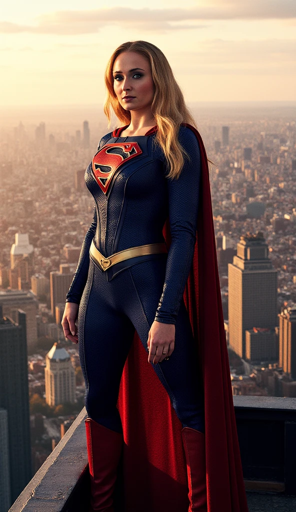 Sophie Turner dressed as Supergirl,  big boobs, standing in a sexy pose , on a roof of a building overlooking the city