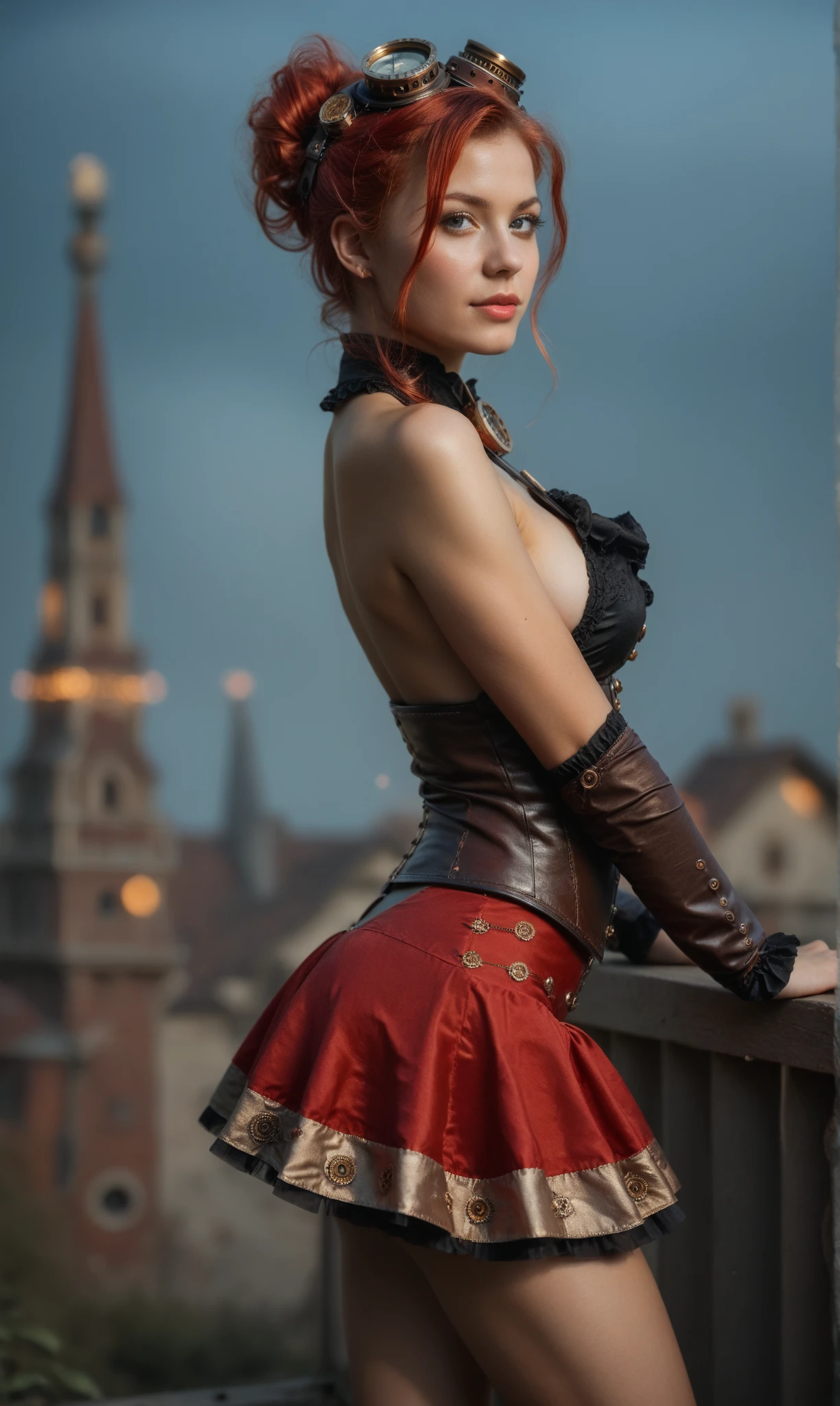 From side, sideboob, dark photo, realism, steampunk, girl, red hair, fit, sexy steampunk outfit, cleavage, microskirt, posing, looking at viewer, hilltop, dark sky, depth of field, bokeh