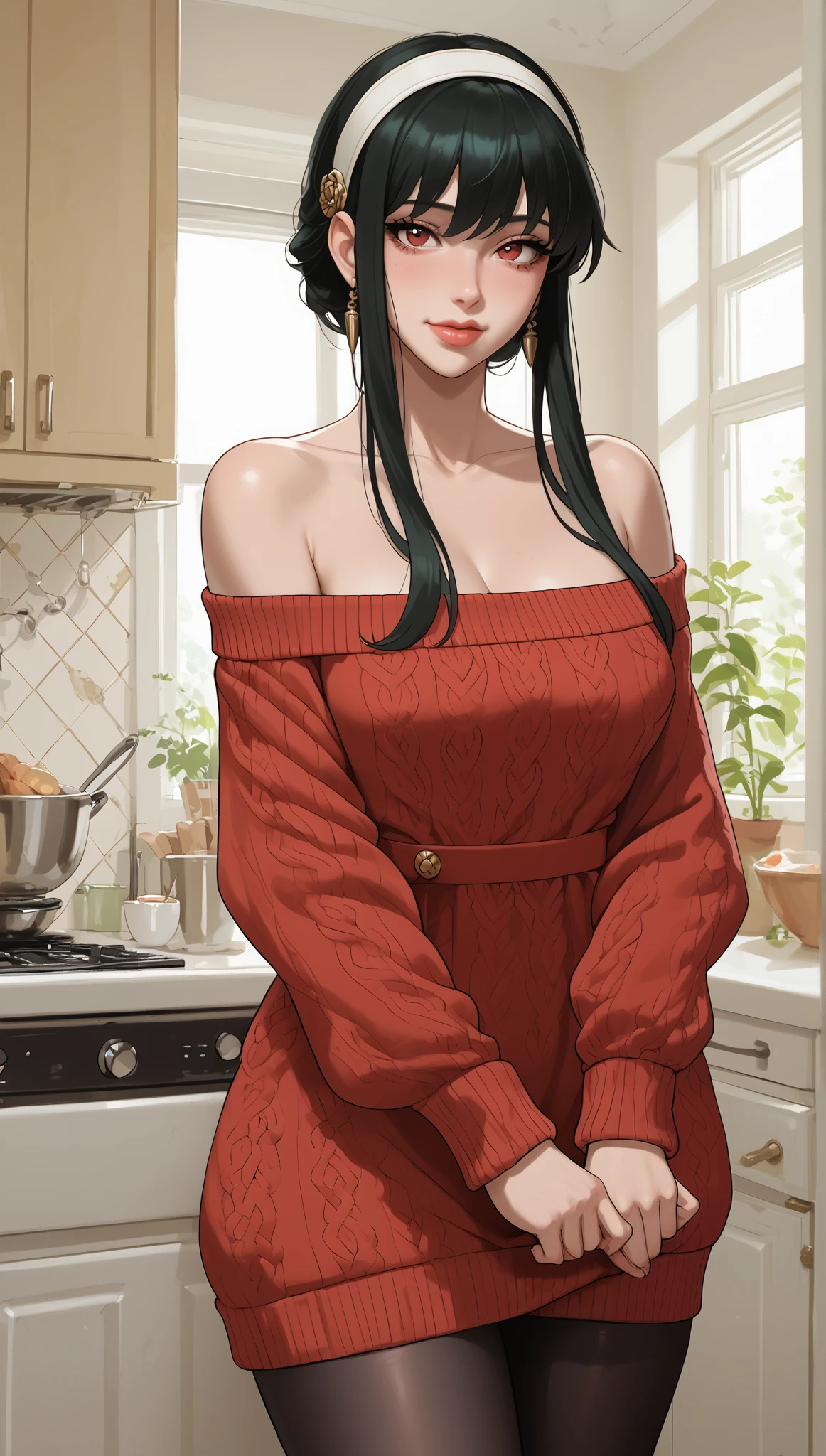 1girl, happy expression, adult, mature, perfect breast, medium breast, full round, curvy, very curvy, thick thighs, full lips, white hairband, red eyes, red sweater, sweater dress, off-shoulder sweater, long sleeves, black pantyhose, Yor Briar cosplay, spy x family, looking at viewer, standing in kitchen, beautiful luxury kitchen. (Slim Body), portrait. (Noon:1.4), Kafka