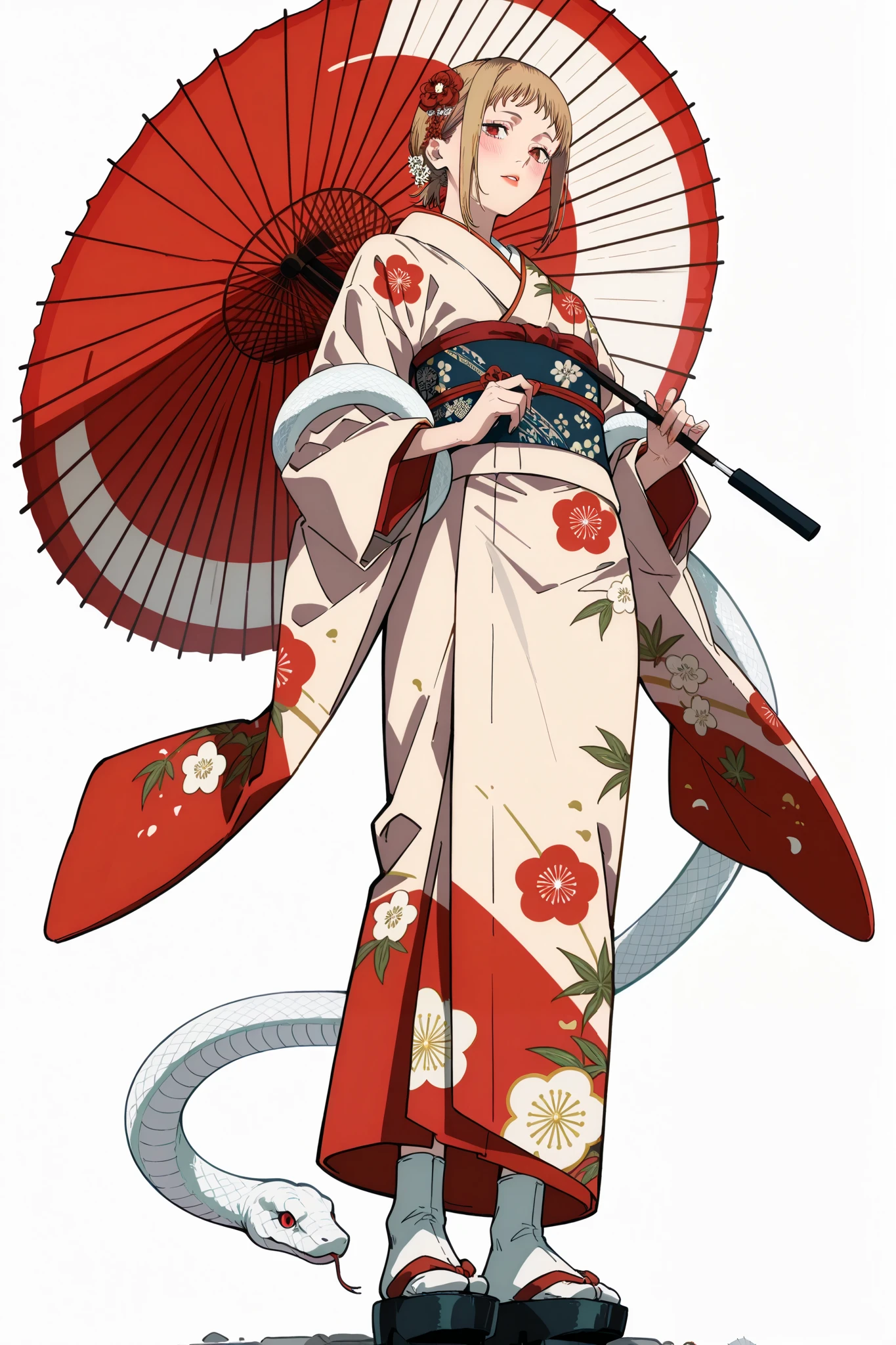 (Sh1r3n:1.2), chainsaw_man_style, 1girl, sawatari akane \(chainsaw man\), chainsaw man, 1girl, from below, umbrella, oil-paper umbrella, japanese clothes, kimono, flowers print, red umbrella, holding umbrella, 1girl, print kimono, hair flower, hair ornament, solo, holding, red eyes, red kimono, parasol, long sleeves, standing, wide sleeves, blush, looking at viewer, short hair, parted lips, full body, obi, bangs, red lips, sash, white umbrella, white background, furisode, tabi, white legwear, white background, white snake wrapped around the arm.